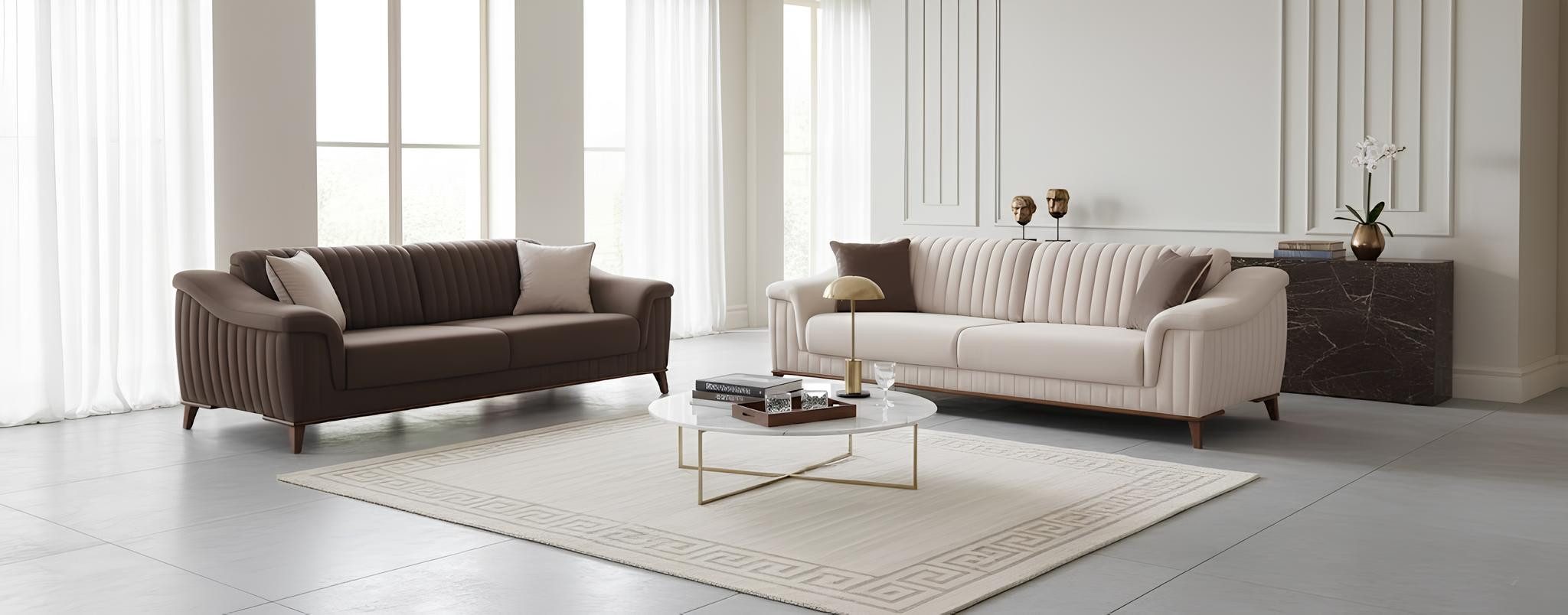 JVmoebel Sofa Elegantes 3-Sitzer Sofa Beige Braun Rippendesign Holzrahmen, 2 Teile