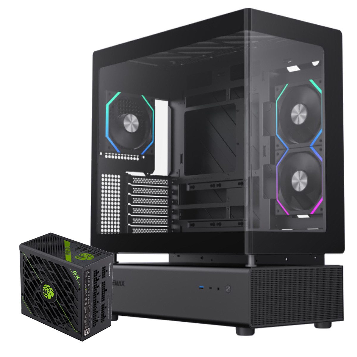 GAMEMAX Gaming-Gehäuse N80 BK, Midi Tower, 1x USB 3.0, 1x USB-C Gen2, 1x Combo Audio, 1050W 80+ Platinum Netzteil vorinstalliert