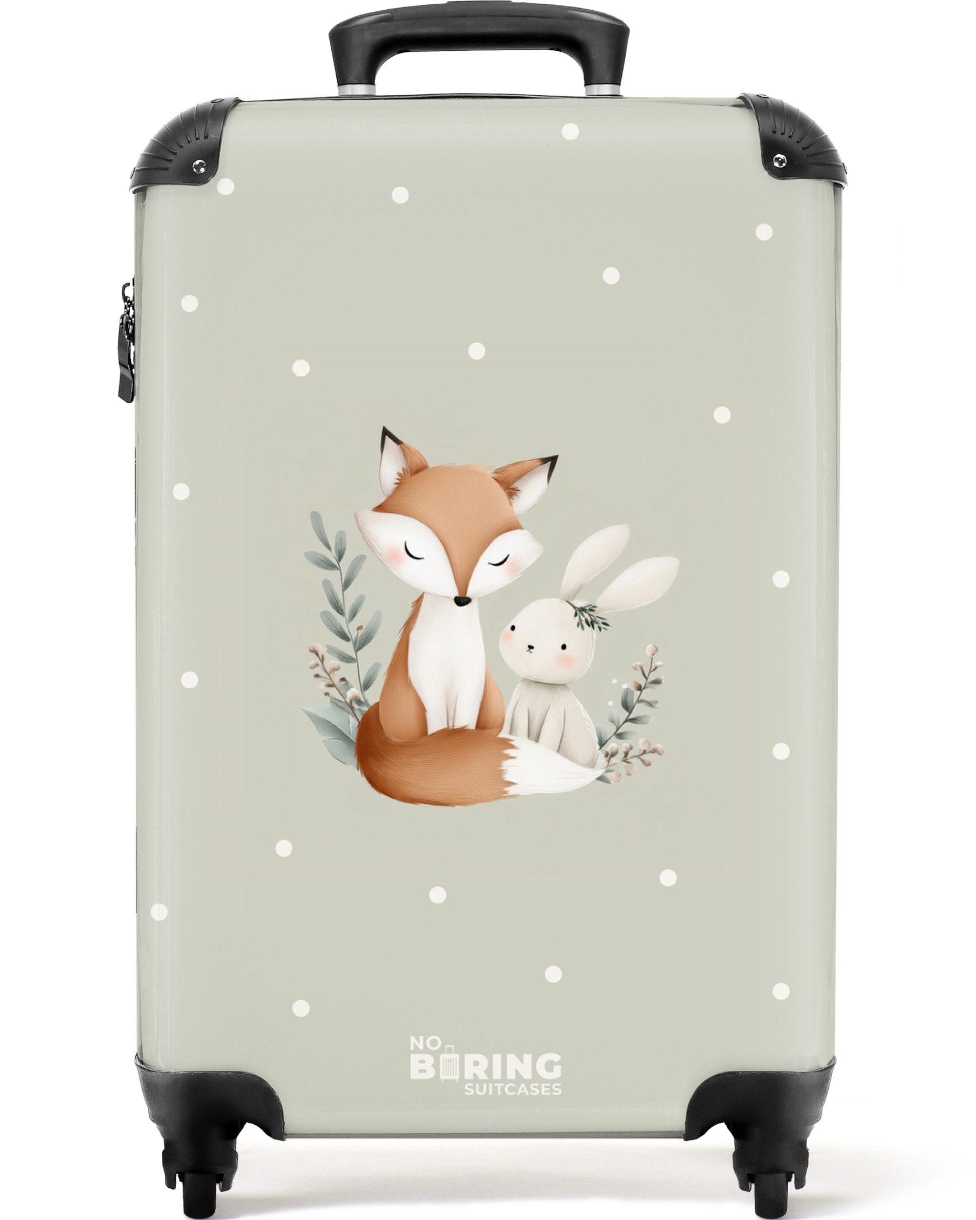 NoBoringSuitcases.com© Kinderkoffer Fuchs und Kaninchen umgeben von grünen Blättern und Punkten 55x35x20cm, 4 Rollen, Kinder Koffer Klein, Trolley Handgepäck, Reisekoffer