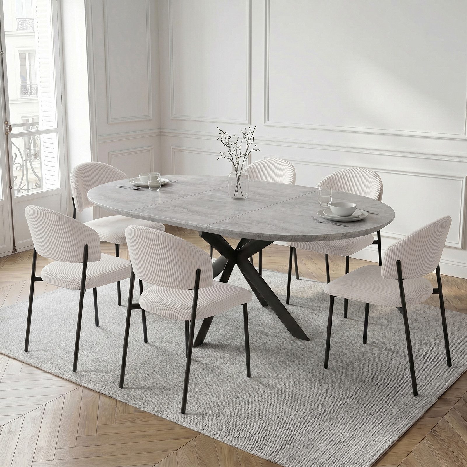 Jiexi Essgruppe Essgruppe ausziehbar rund bis oval MDF Tisch mit Cordstühlen
