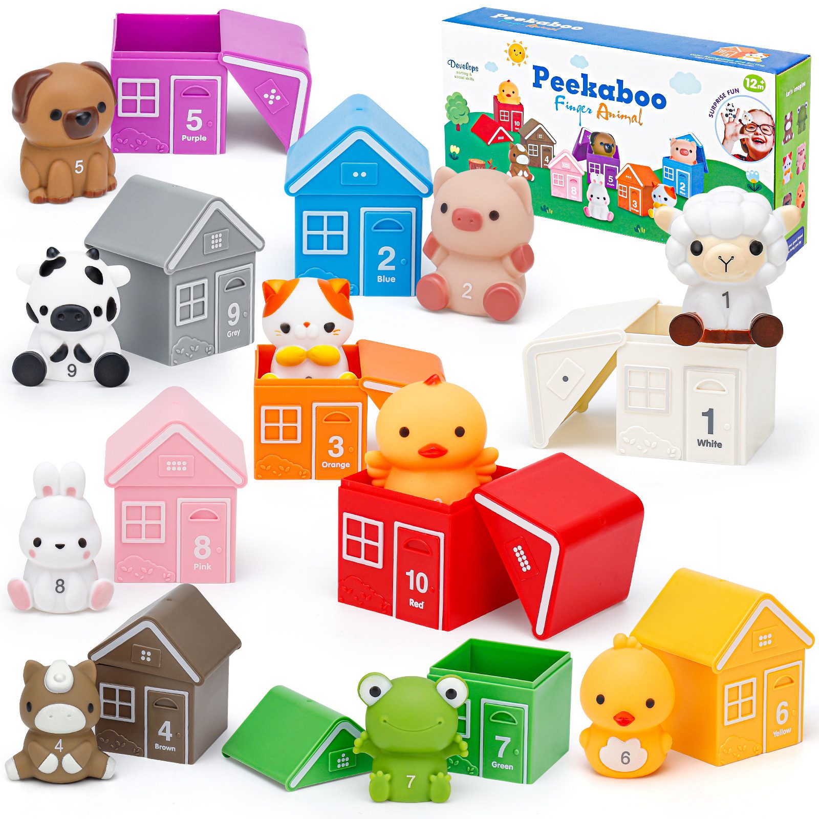 Wootoy Lernspielzeug Bauernhof-Spiel Montessori-Bauernhofspielzeug Zahlen-und Farblernspiel (mit 10 Scheunen und 10 Tierfiguren, 10-St., Robuste Scheunen und weiche Tierfiguren mit kindgerechter Verarbeitung), Ideales Freizeitspielzeug und Geschenk für Ki