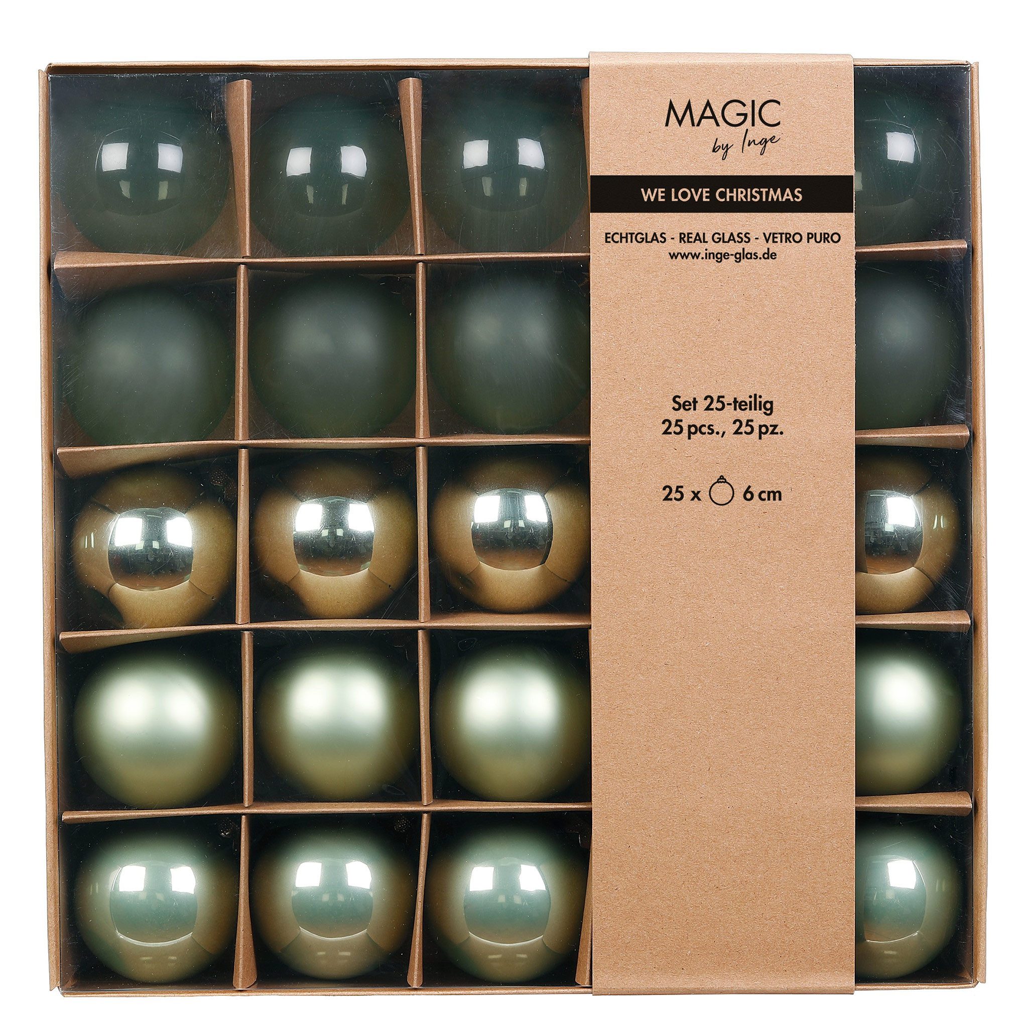 Holly & Jolly Weihnachtsbaumkugel, Weihnachtskugeln Glas 6cm 25er Set - Mild Sage teils transparent
