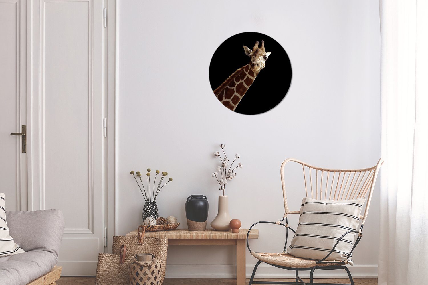 Wanddekoration St), Wohnzimmer, für Rundes Gemälde Porträt Wandbild, Forex, Kreis MuchoWow schwarzen (1 30x30 cm Hintergrund, Giraffe
