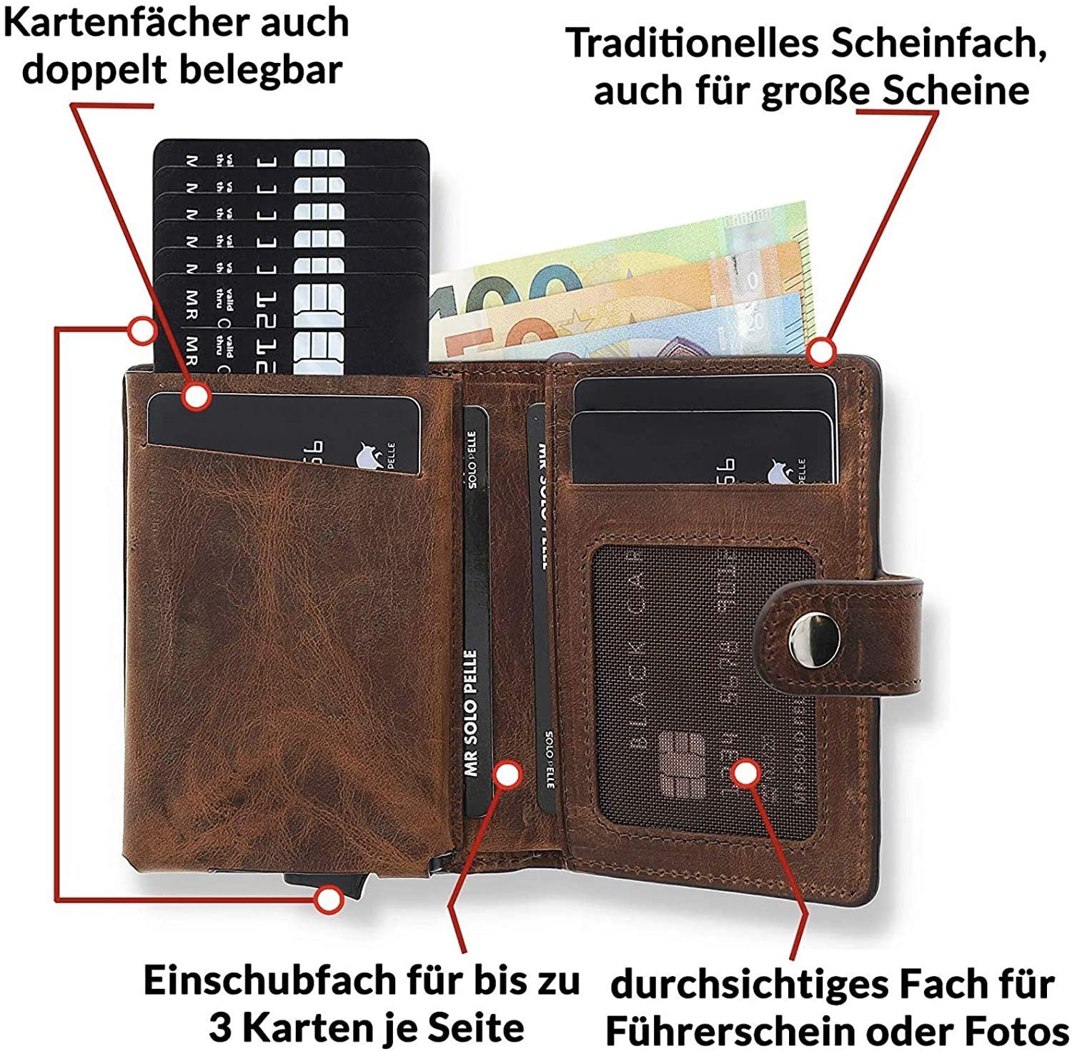 integriertem Echt Made elegantem für Schutz Geldbörse Europe, Geldbörse in Mini 15 RFID Leder, Q-Wallet Kartenetui in Vintage mit mit Design Pelle Solo Leder Karten, Braun