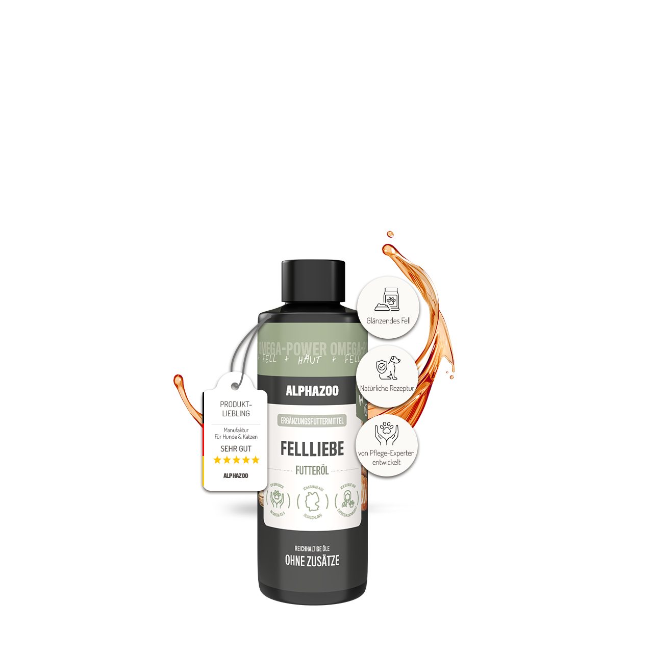 ALPHAZOO Fellliebe Futteröl für Hunde 100 ml, Haut und Fell Futteröl mit Omega-3, Ergänzungsfutter für: Hunde, Premium Ölmischung mit Lachsöl für glänzendes Fell