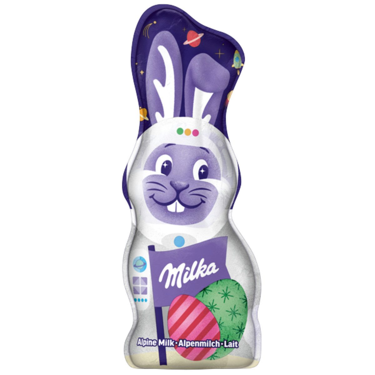 MILKA Schokolade, Milka Schmunzelhase Alpenmilch Schoko Hohlfigur Design Edition 45g