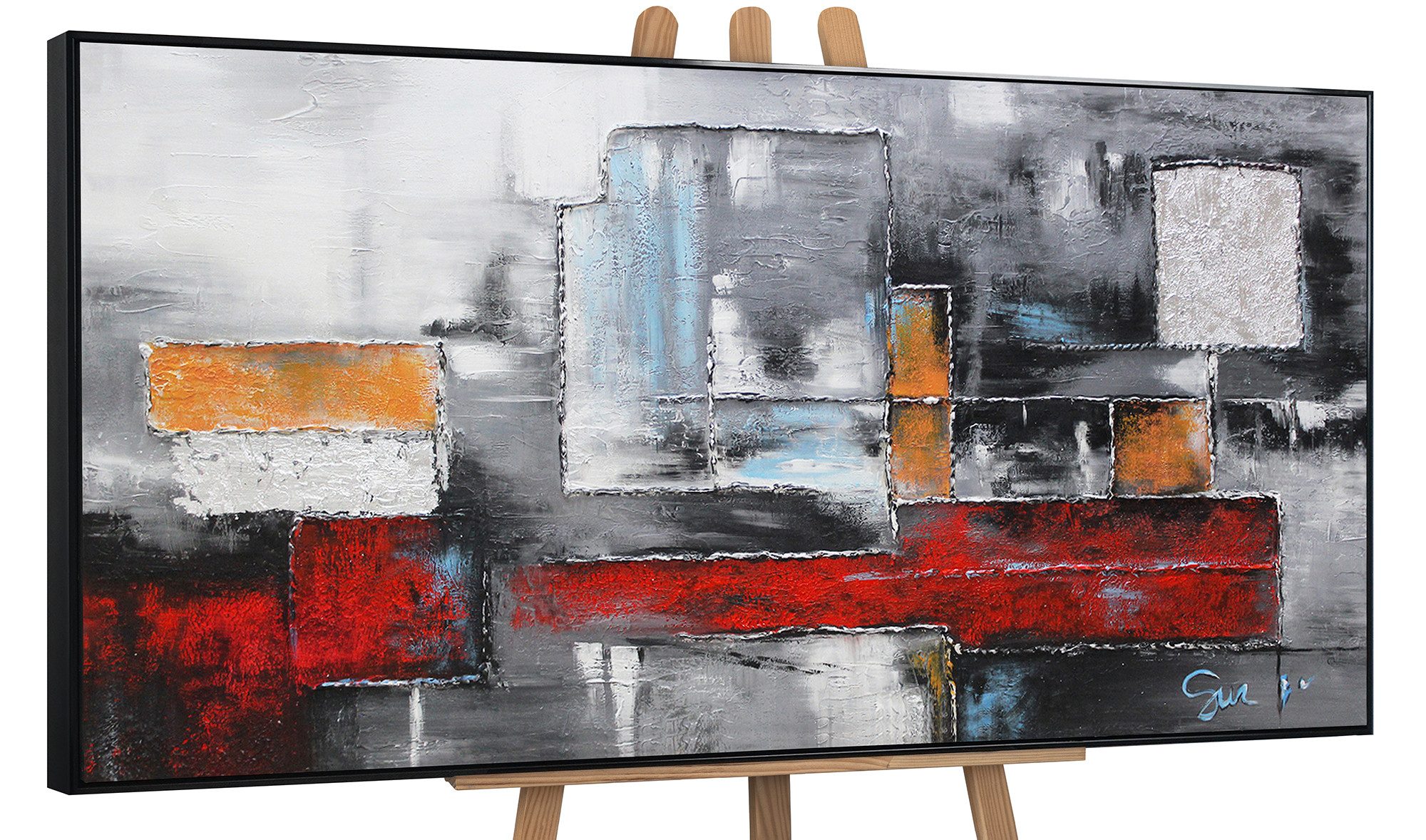 YS-Art Gemälde Abstraktion, Abstraktion, Abstraktes Leinwand Bild Handgemalt Quadrat Rechteck Rot Orange