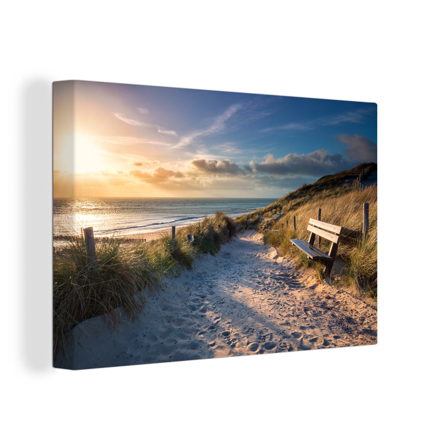 OneMillionCanvasses® Leinwandbild Sonnenuntergang - Strand - Düne - Gras - Bank, Fotodruck (1 St), Leinwand Bilder Klein, Wand Dekoration Aesthetic 30x20 cm