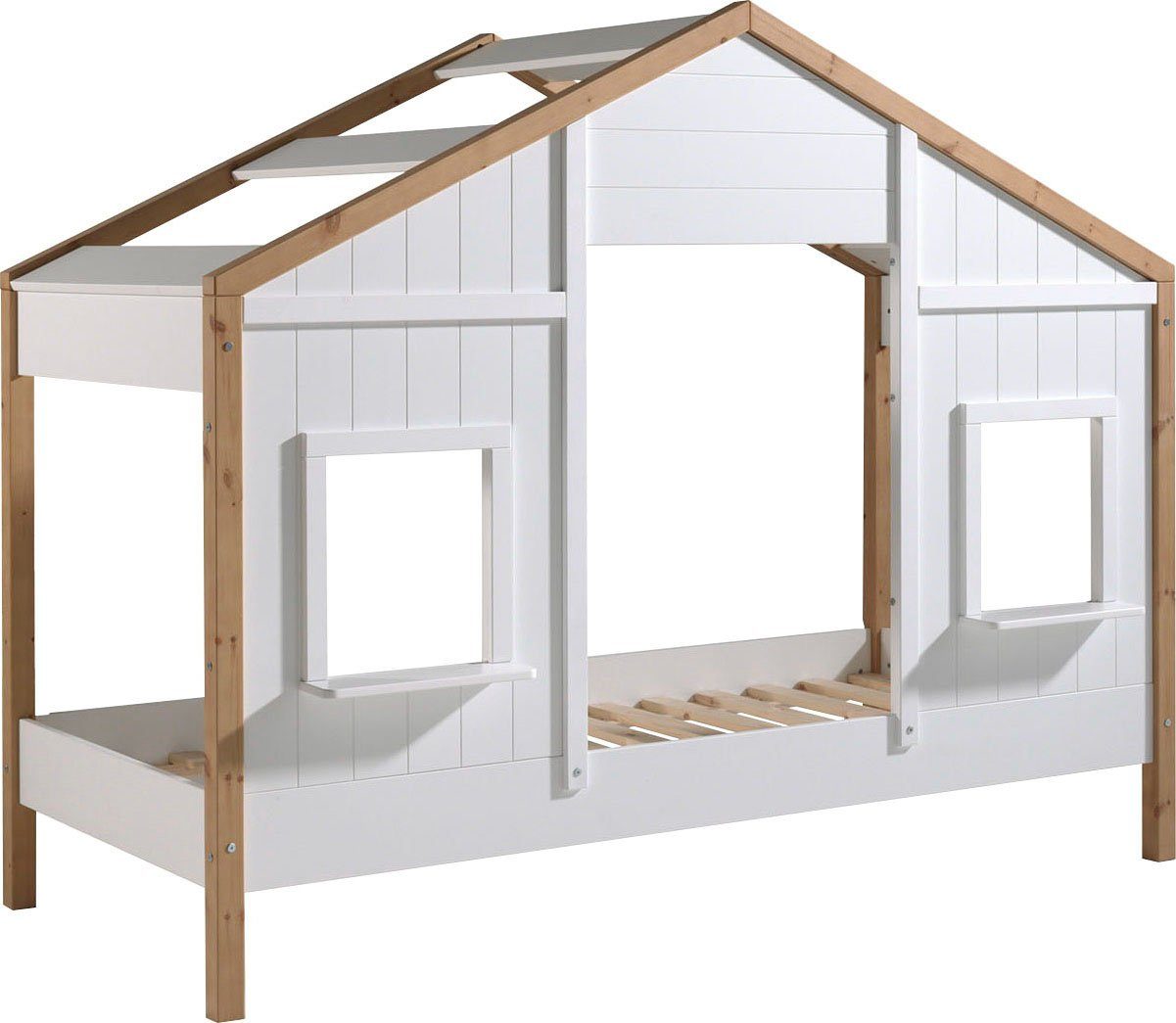 Vipack Hausbett Babs, mit Dachaufbau, Fenstern, Made in Europe, originelle Optik (B/H/T ca. 210x170x97cm, Weiß/Oak lackiert, seitlich nach hinten offen), inklusive Rolllattenrost und wahlweise mit Bettschublade