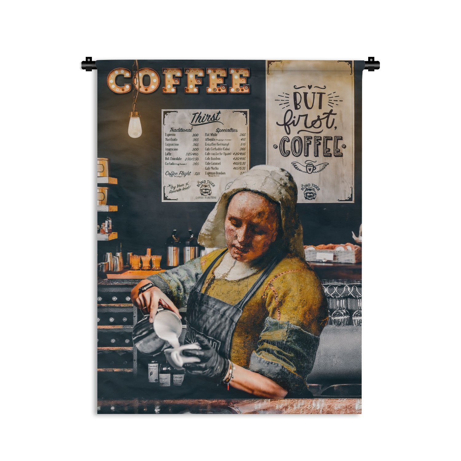 MuchoWow Wanddekoobjekt Milchmädchen - Barista - Kaffee - Vintage - Kunst - Abstrakt - Malerei, Deko für an der Wand, Wohnzimmer, Tapisserie, Schlafzimmer