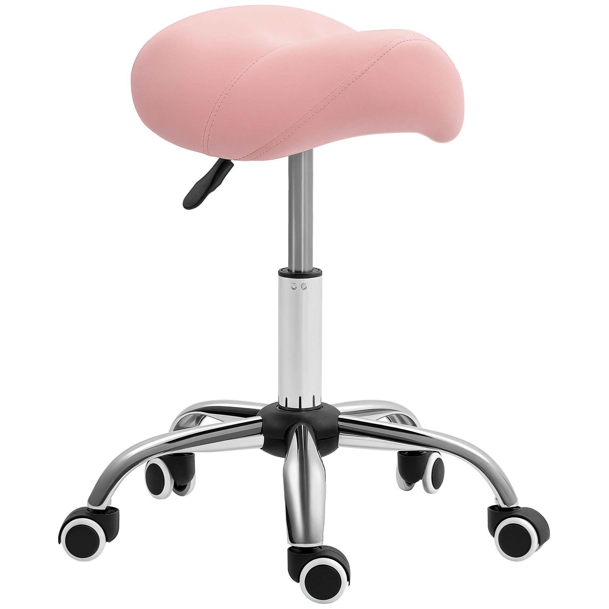 HOMCOM Rollsitz Hocker 360° drehbar Bürohocker Sattelhocker (Rollhocker, 1 St., höhenverstellbar 49-61 cm Arbeitshocker), für Büro Salon Massage Spa Rosa