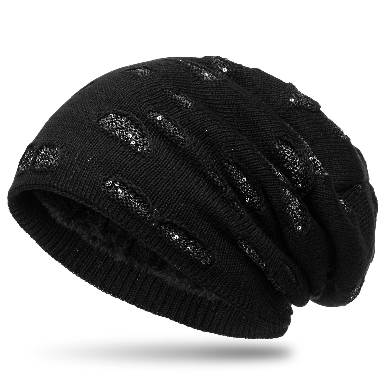 Look Feinstrick Destroyed Beanie Glitzer im MU178 Beanie schwarz Caspar gefütterte Mütze