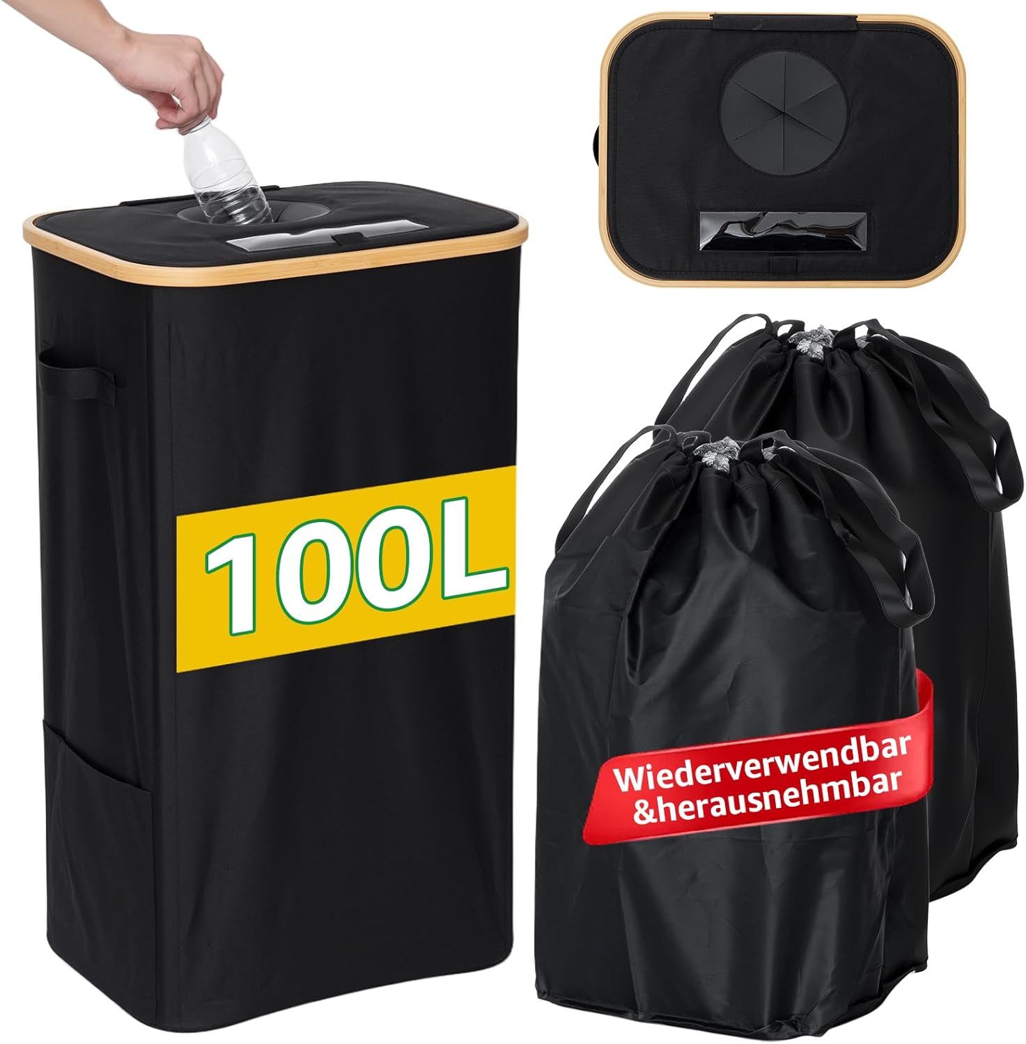 GARPROVM Flaschenkorb, 100 l, Flaschen-Sammelbehälter mit 3 Innensäcken & Sichtfenster, Faltbar