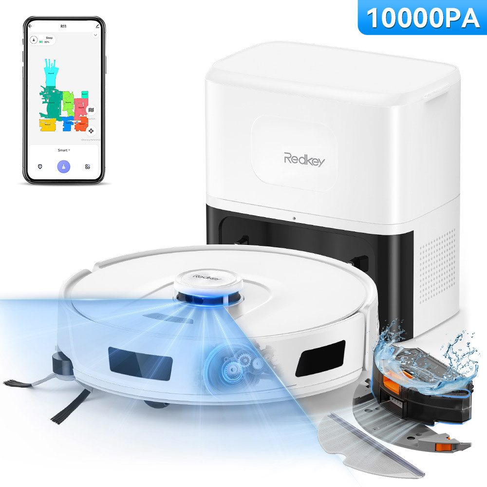 Redkey Вакуумный робот 10000 Pa 2025 Вакуумный робот mit Wischfunktion und Absaugstation AI App, 36 W, beutellos,mit Beutel, mit Staubabsaug-undSelbstreinigungsfunktion, Appsteuerung