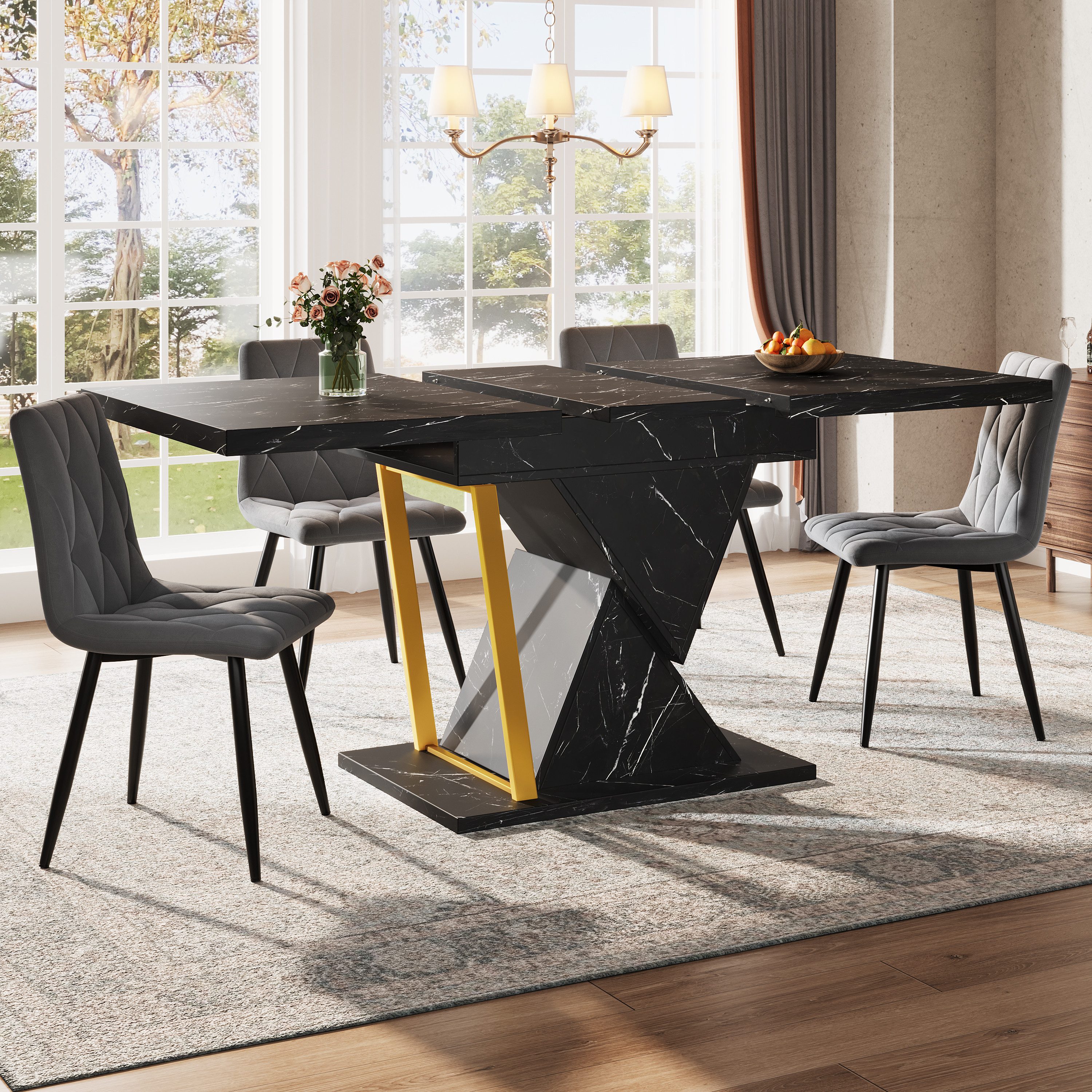 Flieks Esstisch (110-140x80x76 cm, 1-St., 1 Tisch), ausziehbarer Küchentisch rechteckig Schreibtisch Bürotisch Marmoroptik