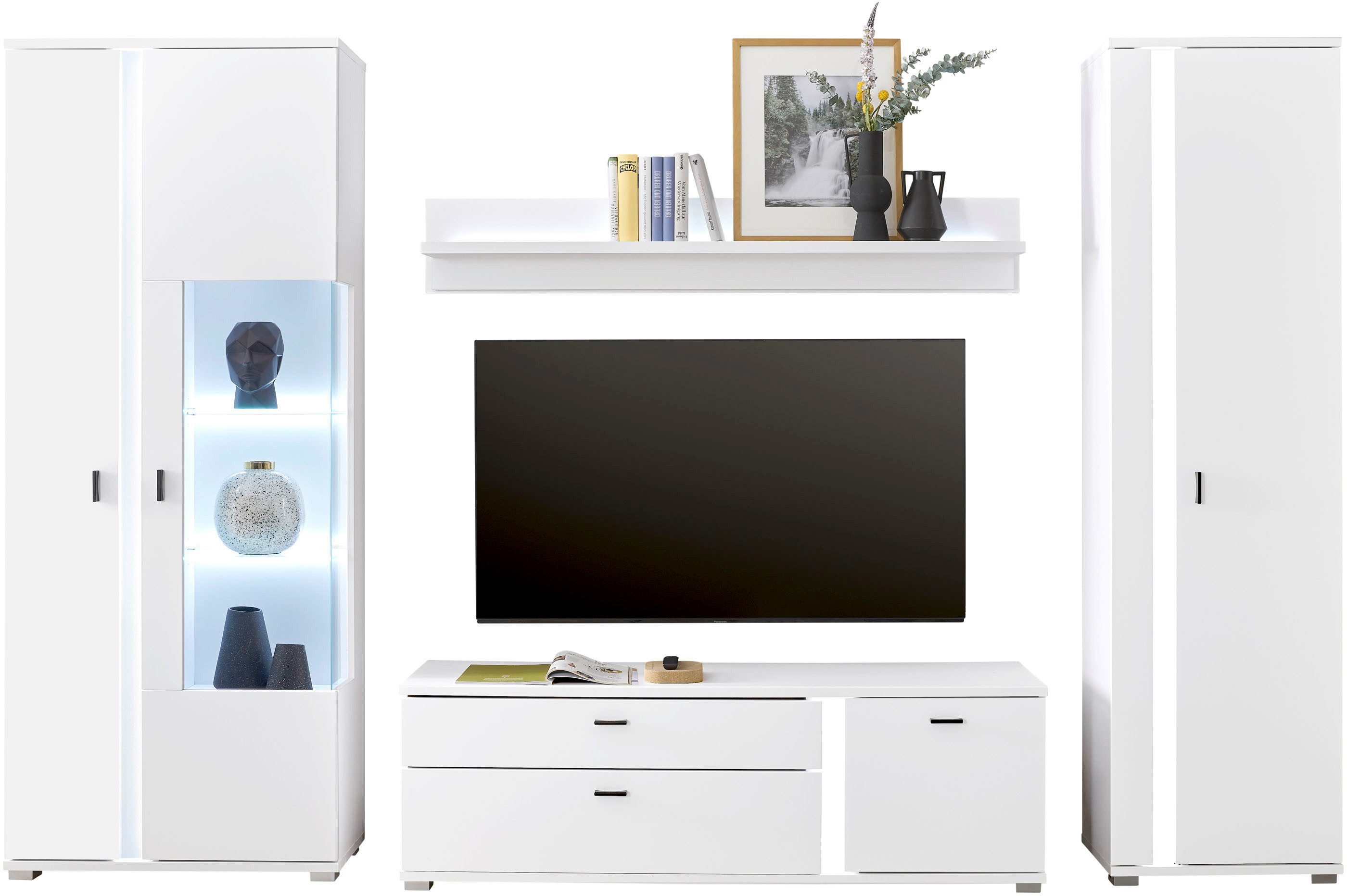 Home affaire Wohnwand LONG ISLAND, (Set, 4-St), in moderner Trendfarbe,inklusive senkrechter Beleuchtung,Breite 305 cm