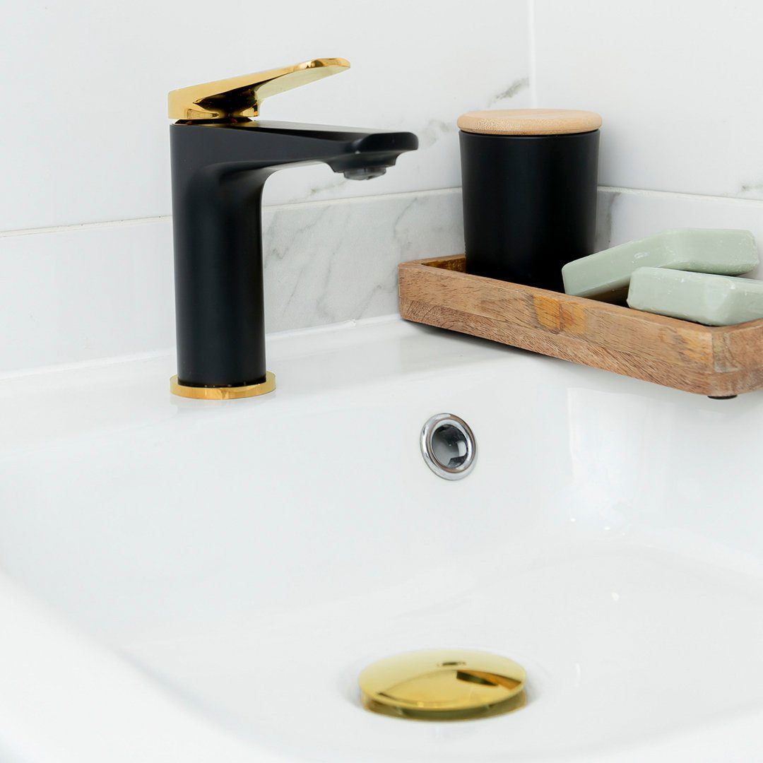 KOLMAN Waschtischarmatur RUBIO Waschbecken Wasserhahn Schwarz-Gold Click-Clack mit Kleine Mischbatterie Schwarz in