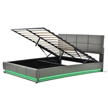 Ulife Polsterbett hydraulisches Doppelbett mit LED,höheverstellbarem Polsterkopfteil, hydraulischem Stauraum, Kunstleder, 160 x 200 cm