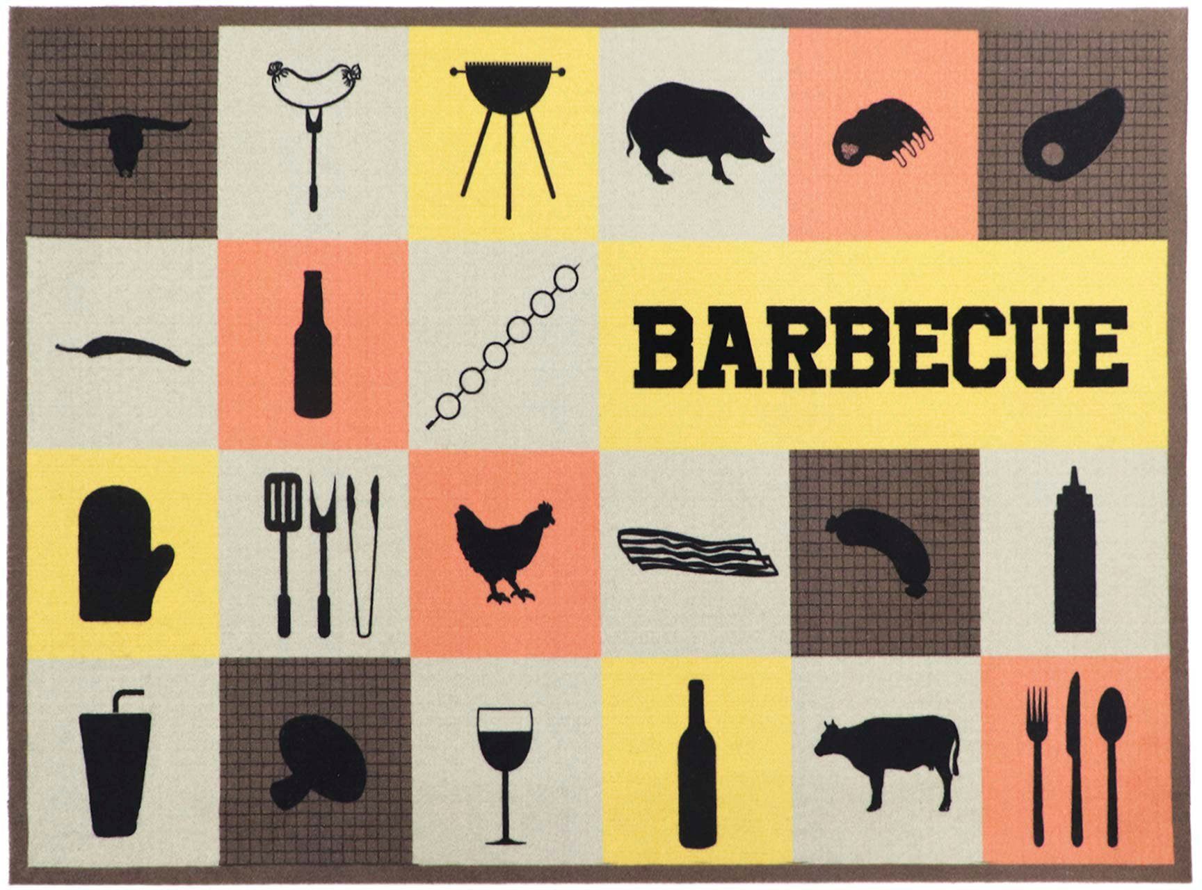 Primaflor-Ideen in Textil Fußmatte BBQ Grillunterlage BARBECUE CHECKS, Made in Belgium, rechteckig, Höhe: 5 mm, Grillmatte ideal als Bodenschutz, mit Spruch, rutschhemmend, waschbar