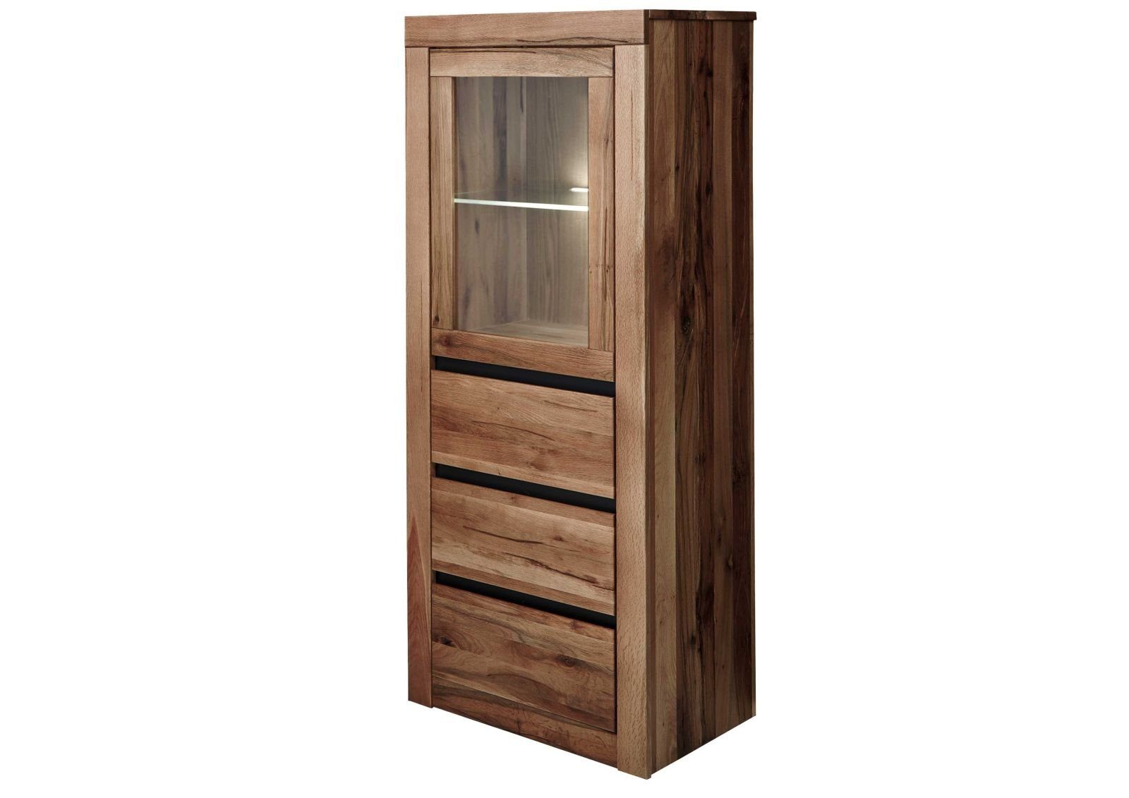 Massivmoebel24 Standvitrine MONTREUX Wildeiche / Zerreiche Massivholz braun (Massivholz montiert 64 MONTREUX #322) Wildeiche / Zerreiche 62x42x150 cm (BxTxH) braun geölt