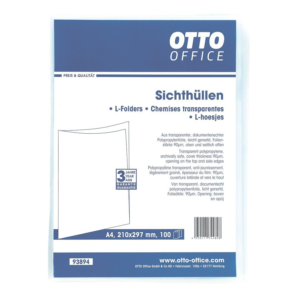 Otto Office Prospekthülle Standard, 100 Stück, genarbt, Format A4, Öffnung oben/seitlich