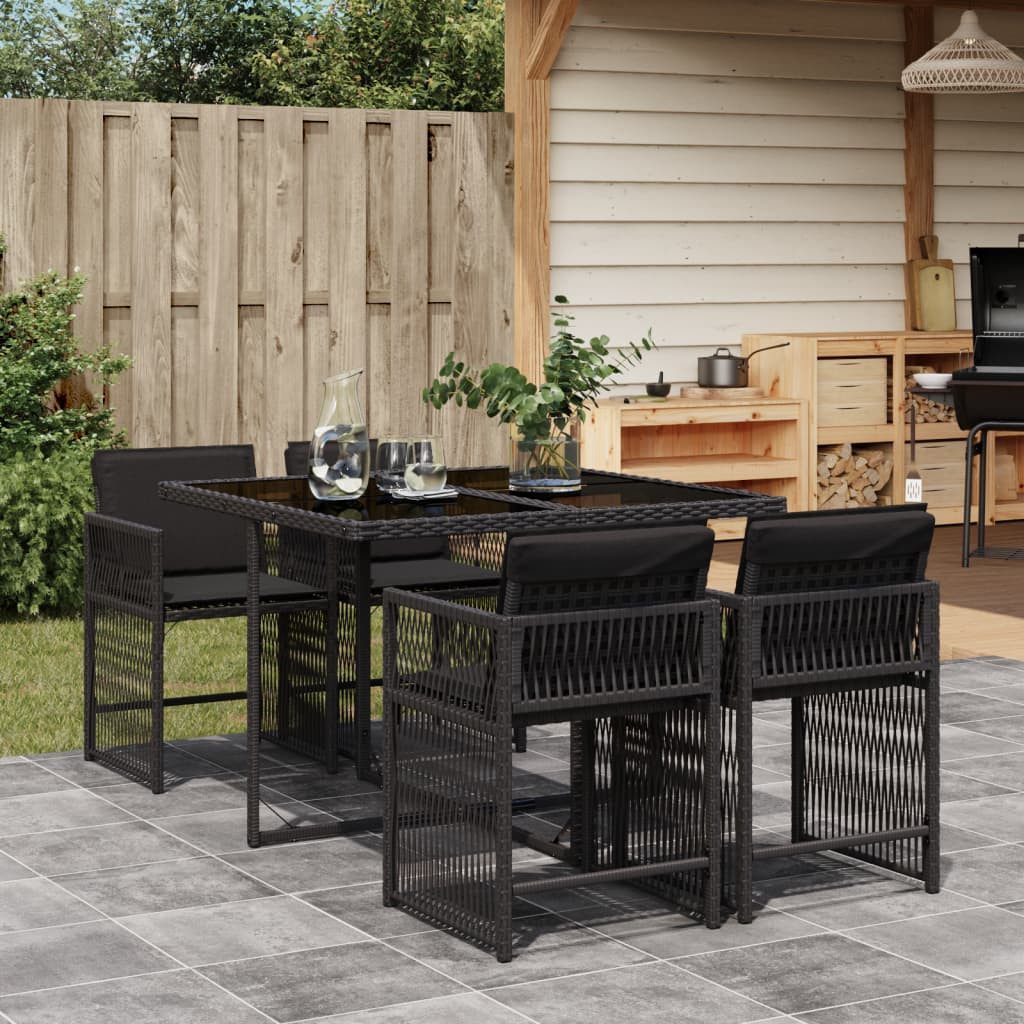 vidaXL Essgruppe, 5-tlg. Garten-Essgruppe mit Kissen Schwarz Poly Rattan