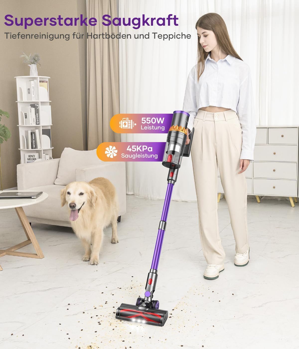 BERGER ELECTRONICS Akku-Stielstaubsauger Akku Staubsauger, Staubsauger Kabellos, 65000 Pa/600W, 70min Laufzeit, 600 W, beutellos, Bodenstaubsauger, Hochwertige Verarbeitung
