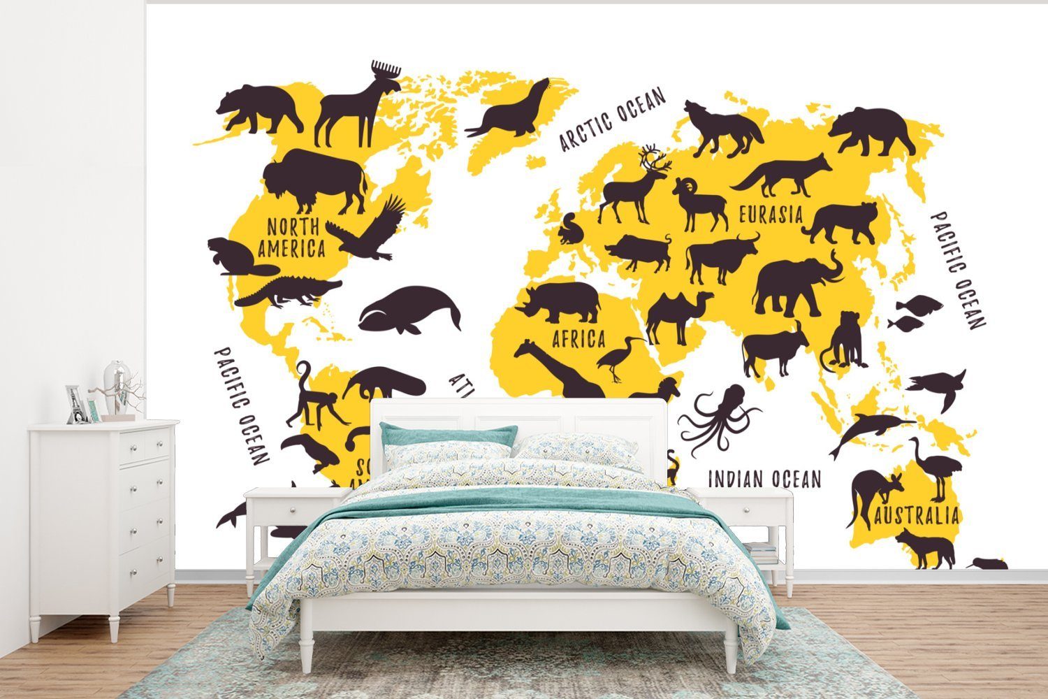 MuchoWow Fototapete Weltkarte - Tiere - Gelb, Matt, bedruckt, (6 St), Wallpaper für Wohnzimmer, Schlafzimmer, Kinderzimmer, Vinyl Tapete