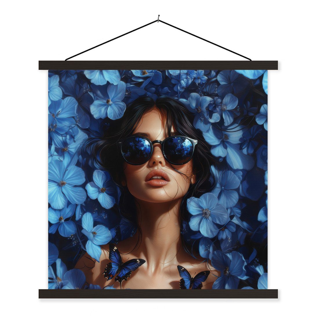 MuchoWow Плакат Frau - Blau - Blumen - Schmetterlinge - Natur, (1 St), Magnetische Плакатleiste, Holzleisten, Textilposter, 40x40 cm