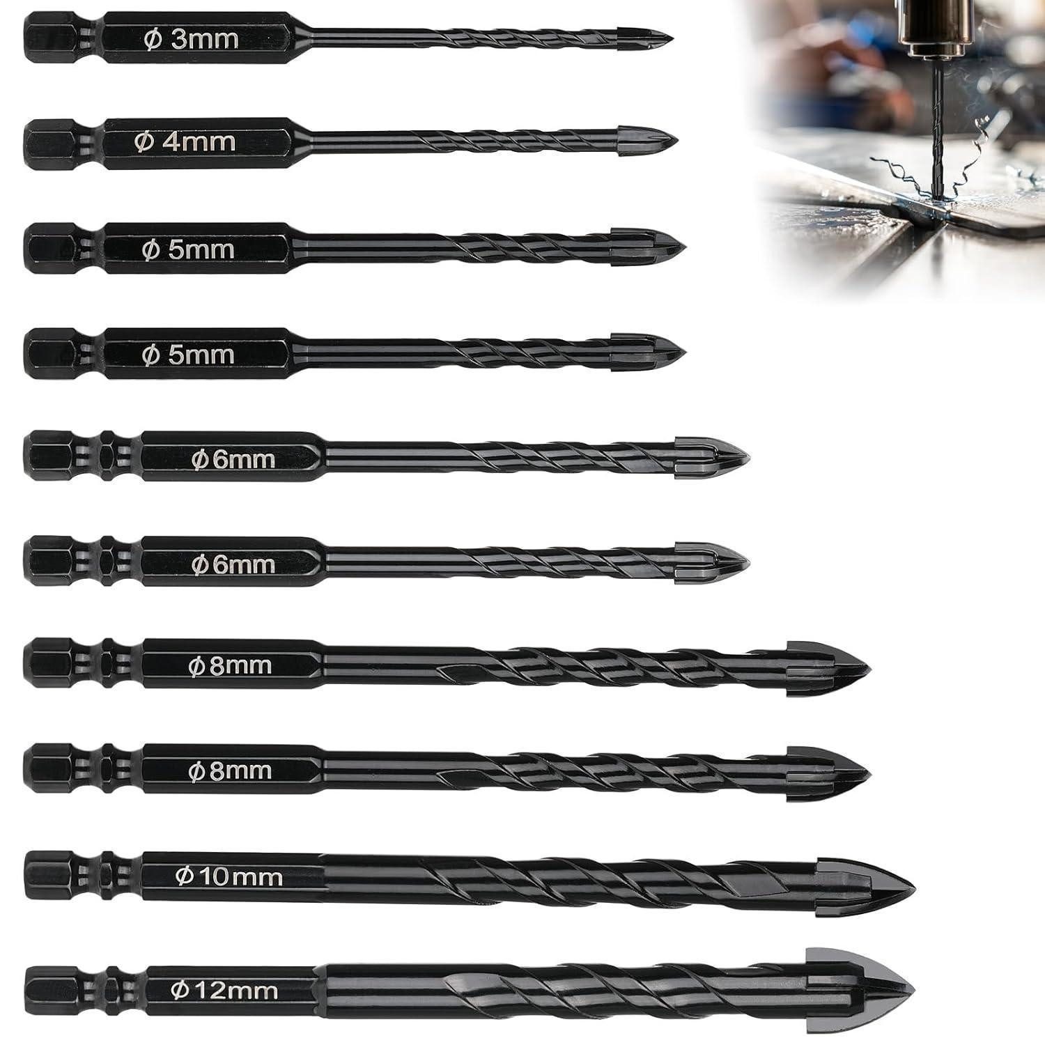 Fliesenbohrer Set 10 tlg mit Keramikbohrer und Glasbohrer 3-12 mm | Keramikbohrer für Fliesen, Keramik, Mauerwerk, Glas, Kunststoff, Holz, Porzellan