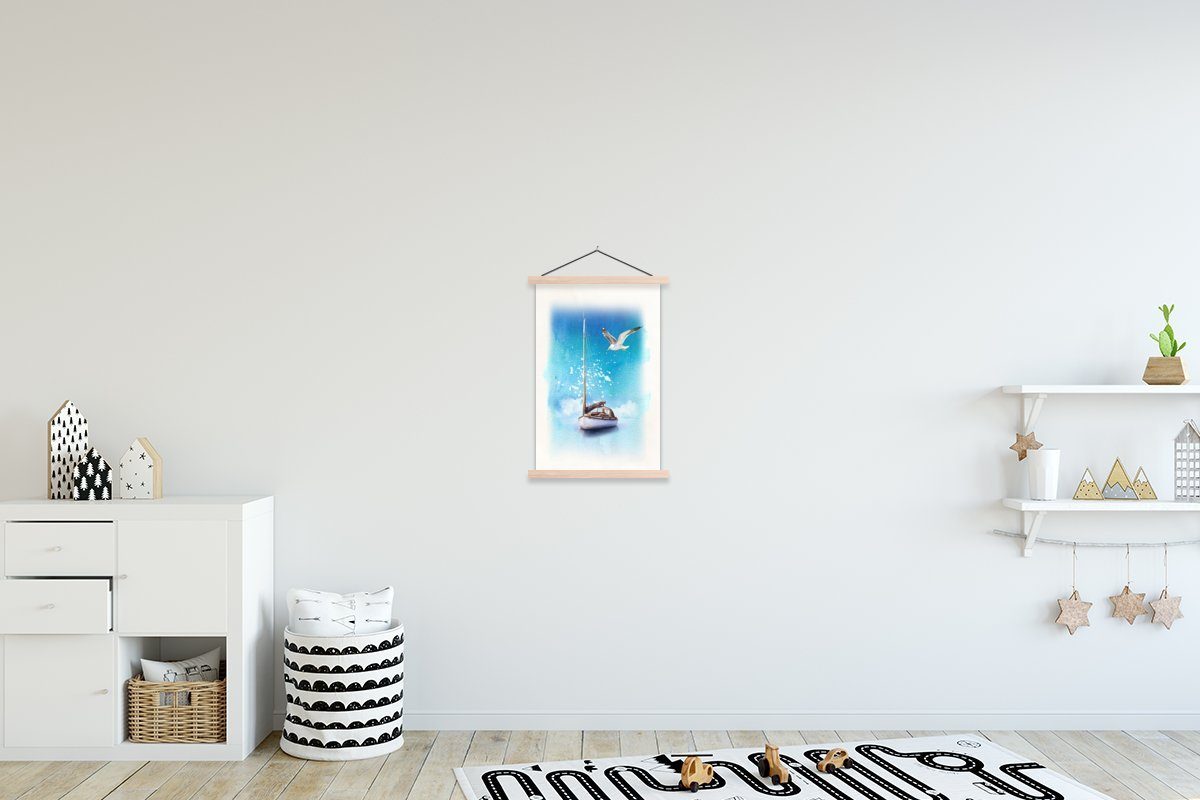 MuchoWow Poster Boot - Meer - Möwe, (1 St), Posterleiste, Textilposter für Wohnzimmer, Bilderleiste, Magnetisch