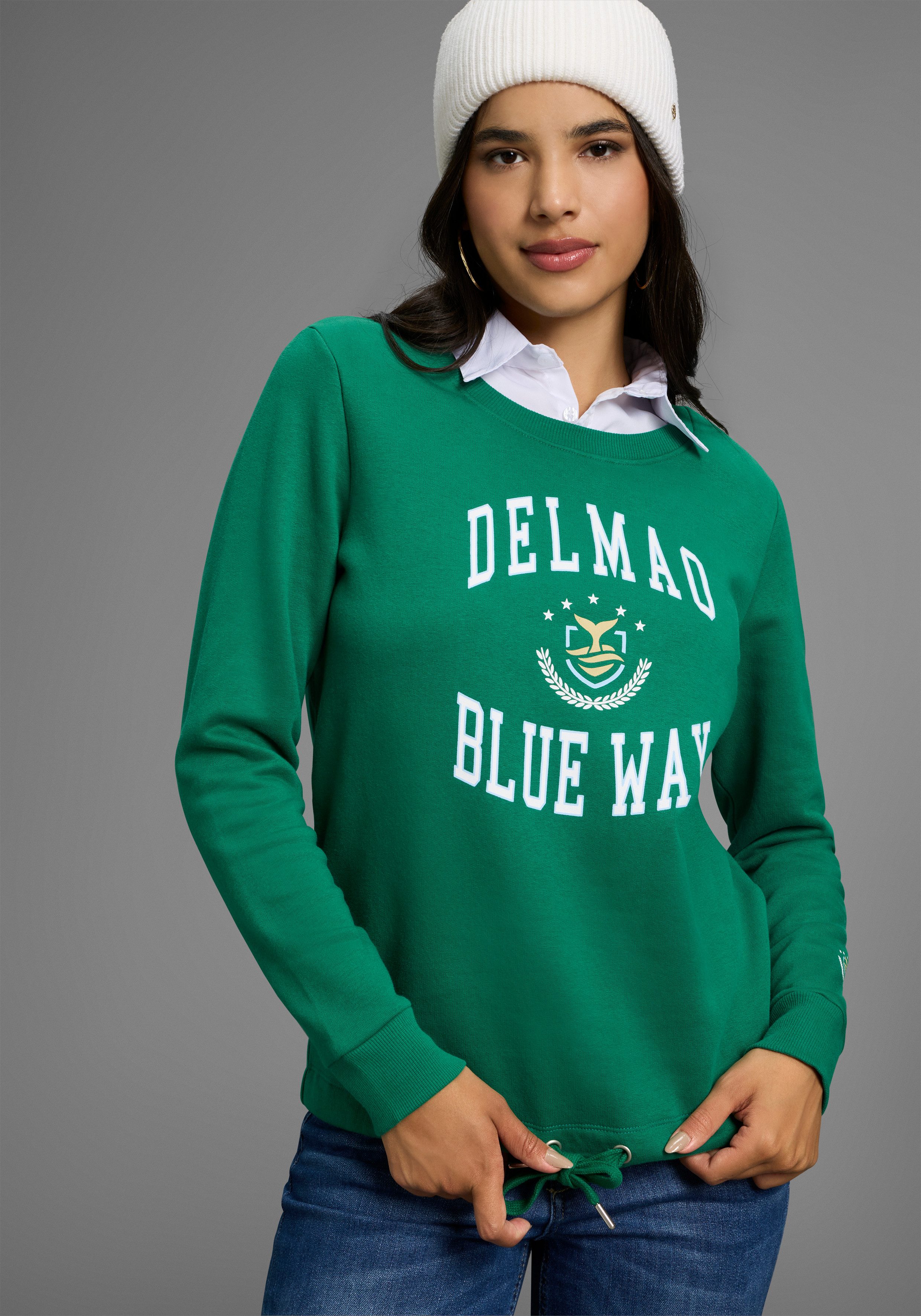 DELMAO Sweatshirt Weiche Baumwollmischung mit Print und Kordelzug am Saum günstig online kaufen