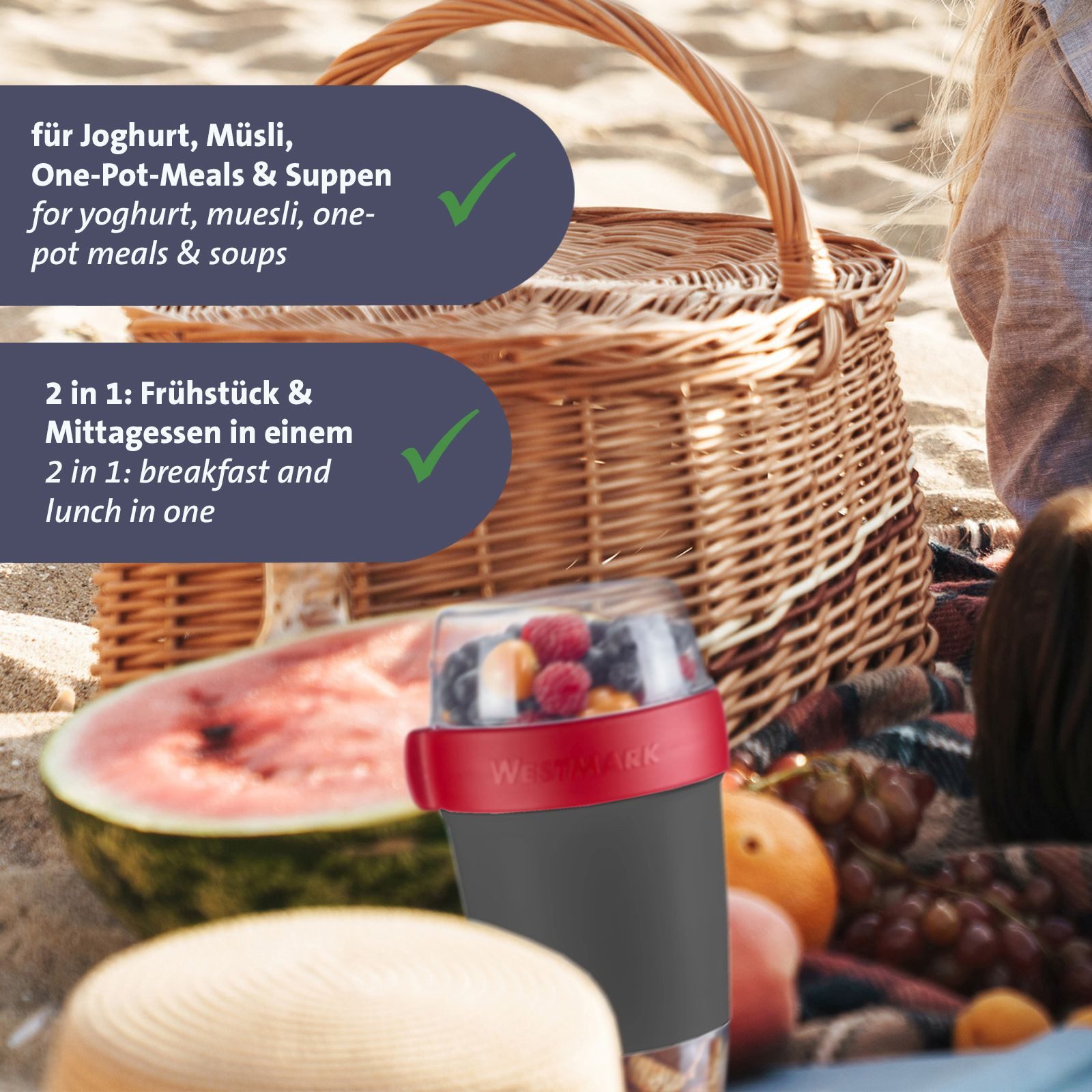 WESTMARK Mehrwegbecher, Kunststoff, (1-tlg), Müsli-, Lunchbehälter, To Go, 200 + 600 + 350 ml, Made in Germany