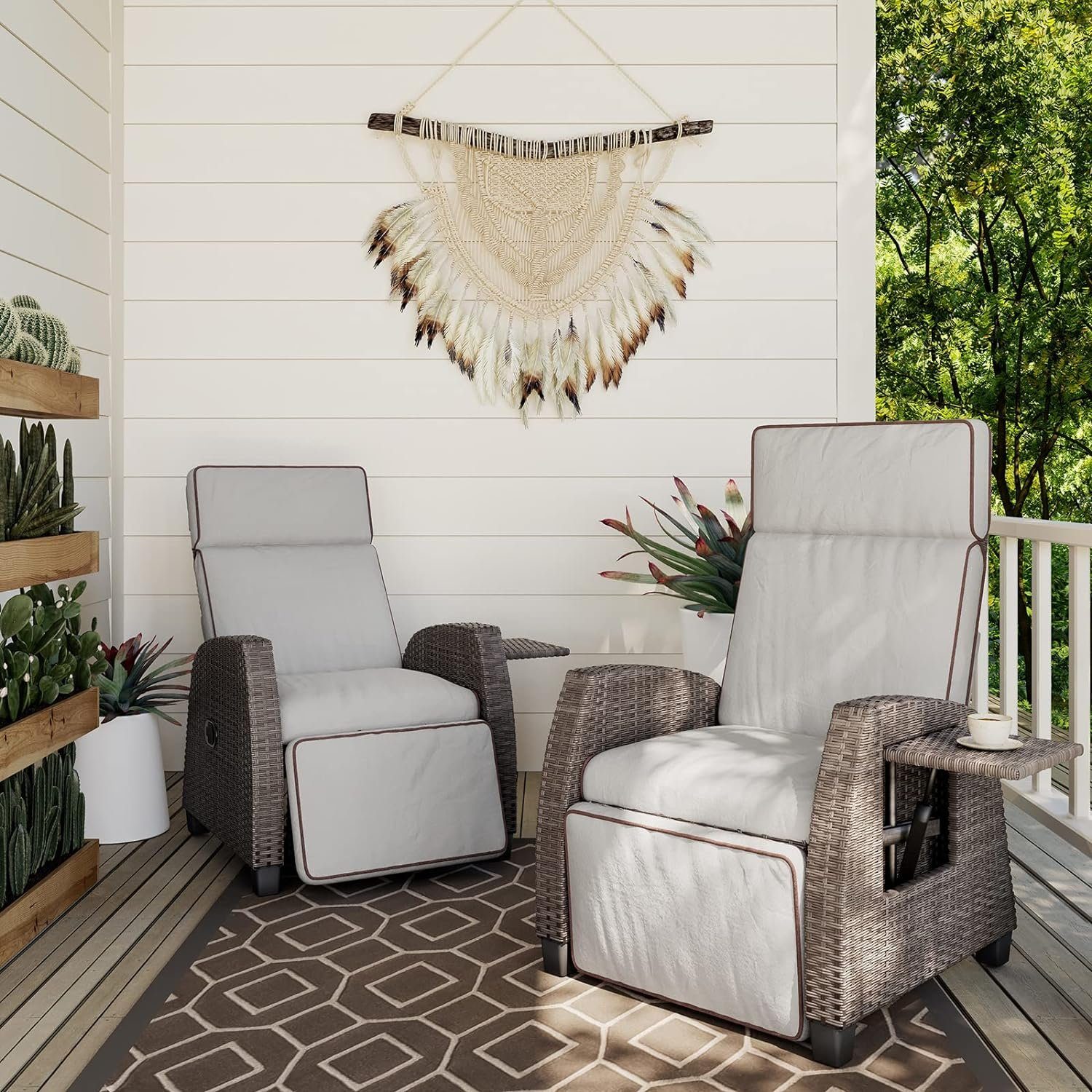 patio Beige Grau | Grand aus mit mit Sitzkissen, Grad einstellbar PE-Rattan, Gartensessel 150 Beistelltisch, Rückenlehne