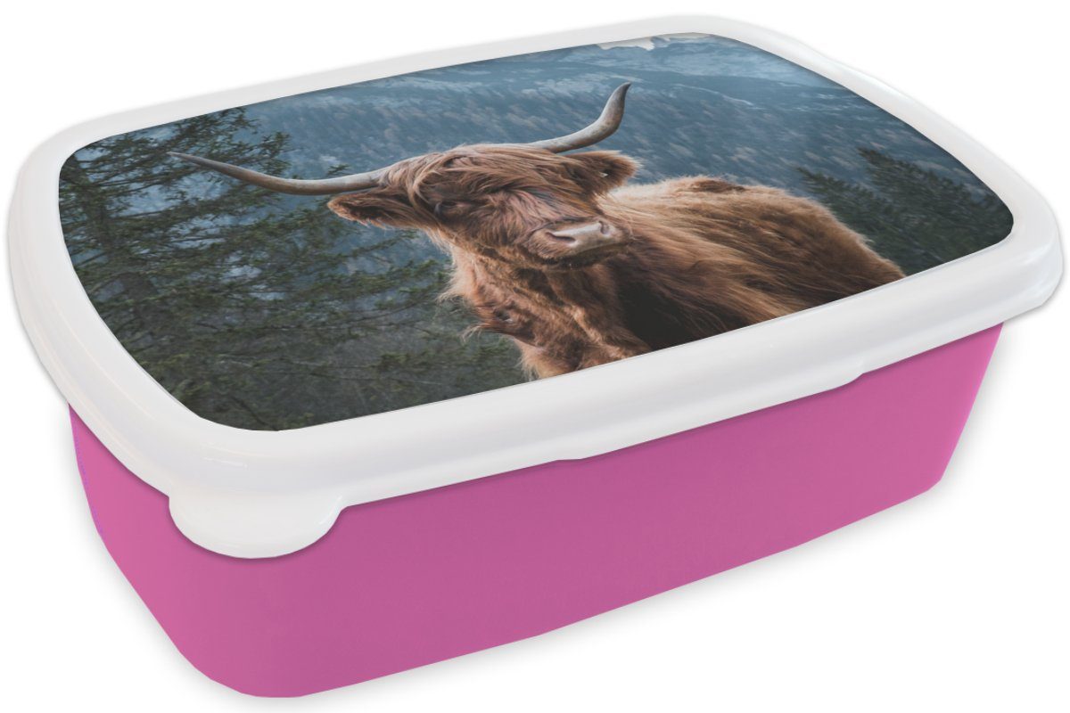 Brotdose rosa - Snackbox, Kinder, (2-tlg), Brotbox Kunststoff, MuchoWow Lunchbox für Schottischer Höhle, Kunststoff Wald Mädchen, - Erwachsene, Highlander