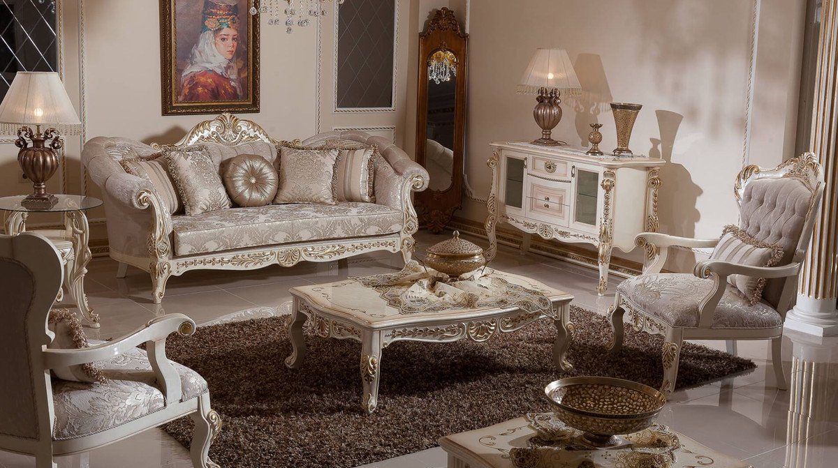 Prunkvoller Möbel im Barockstil Wohnzimmertisch Barock Prunkvoll Massivholz & Couchtisch Beige / Weiß Barock / Padrino - Edel Couchtisch Casa Gold - - Luxus