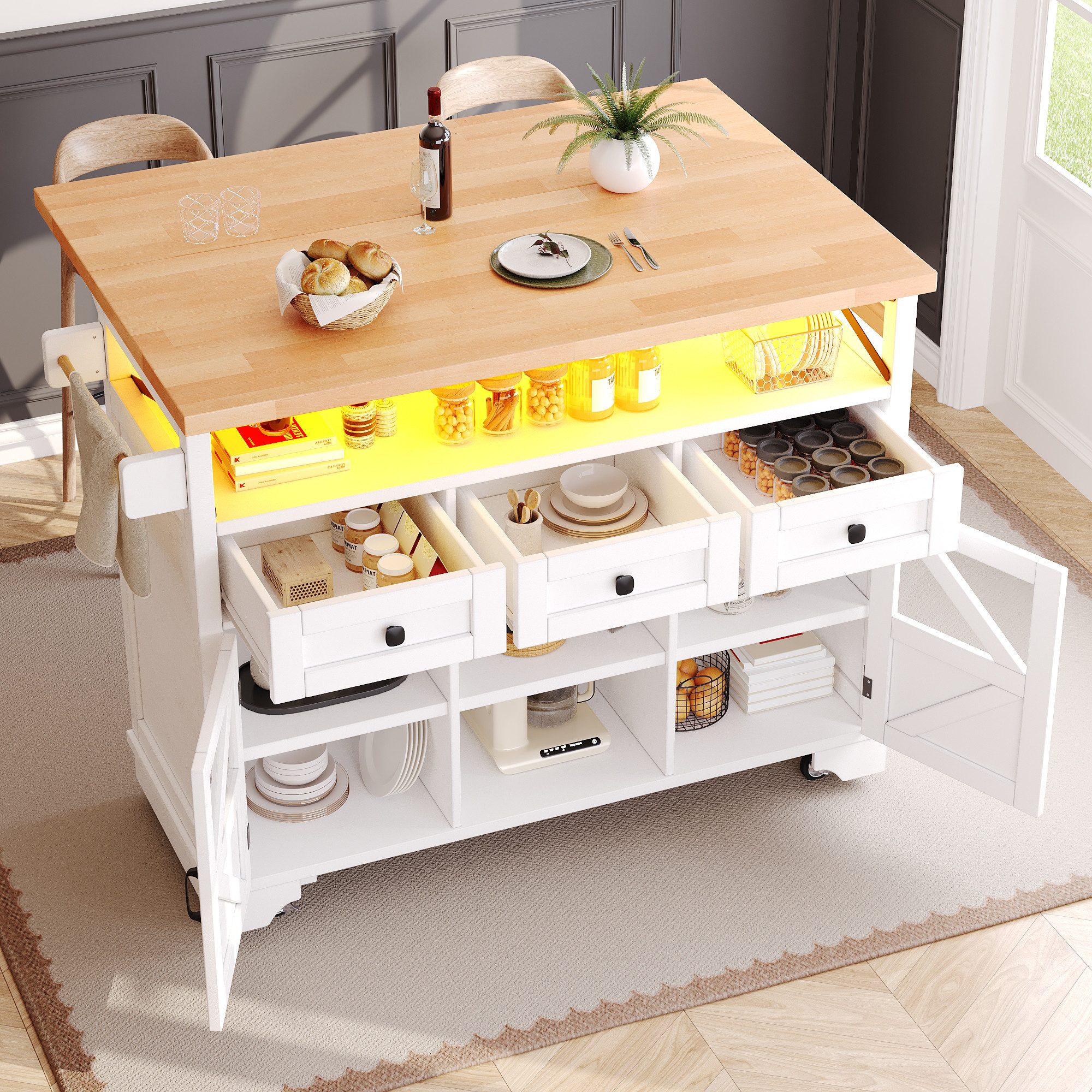 MODFU Küchenwagen Moderne Beistelltisch, (mit App LED und Klapptisch Weiß, 1 St., 120*43(71)*98)
