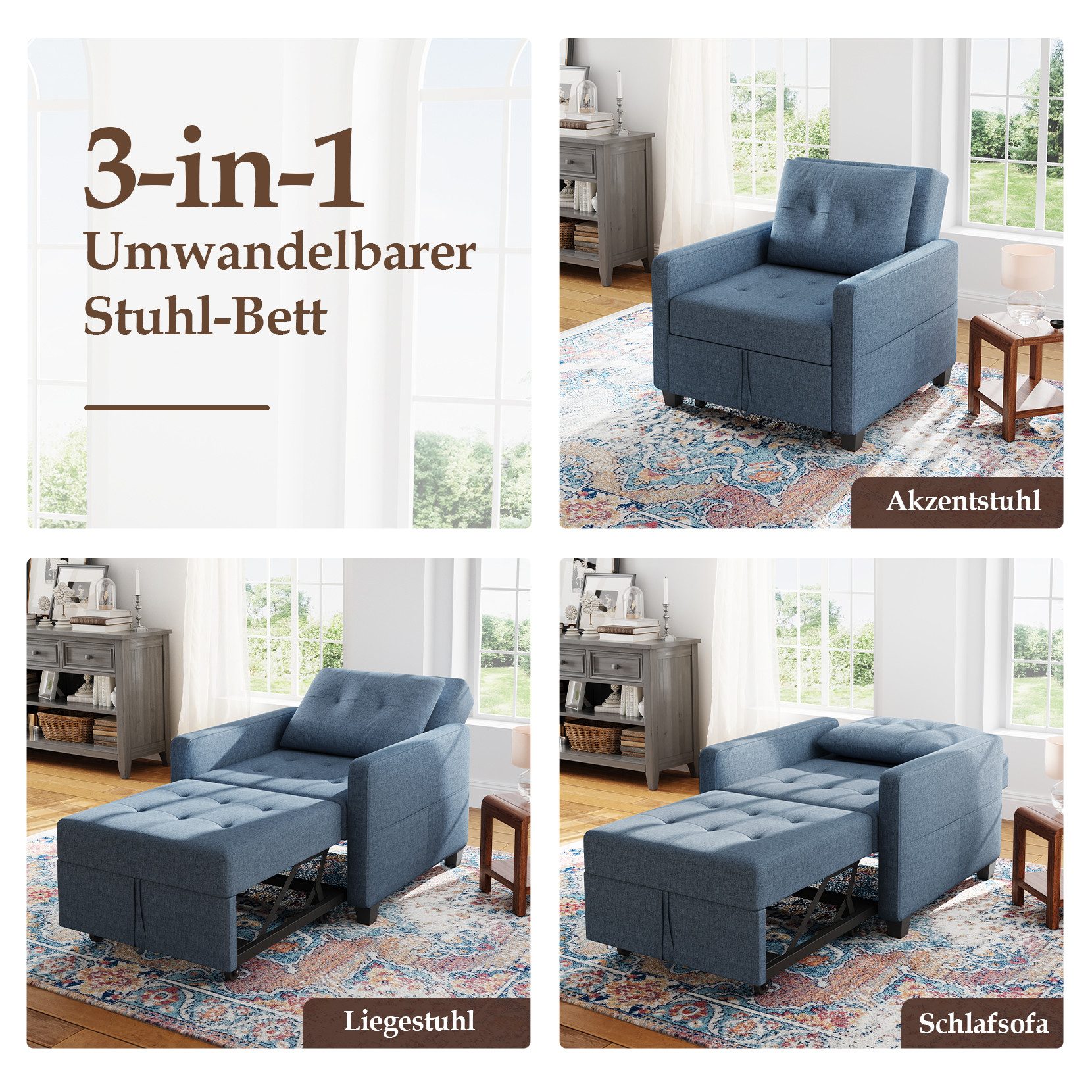 OUNUO Sofa Schlafsofa Klein 3 in 1, Klappsofa & Schlafhocker mit Bettfunktion