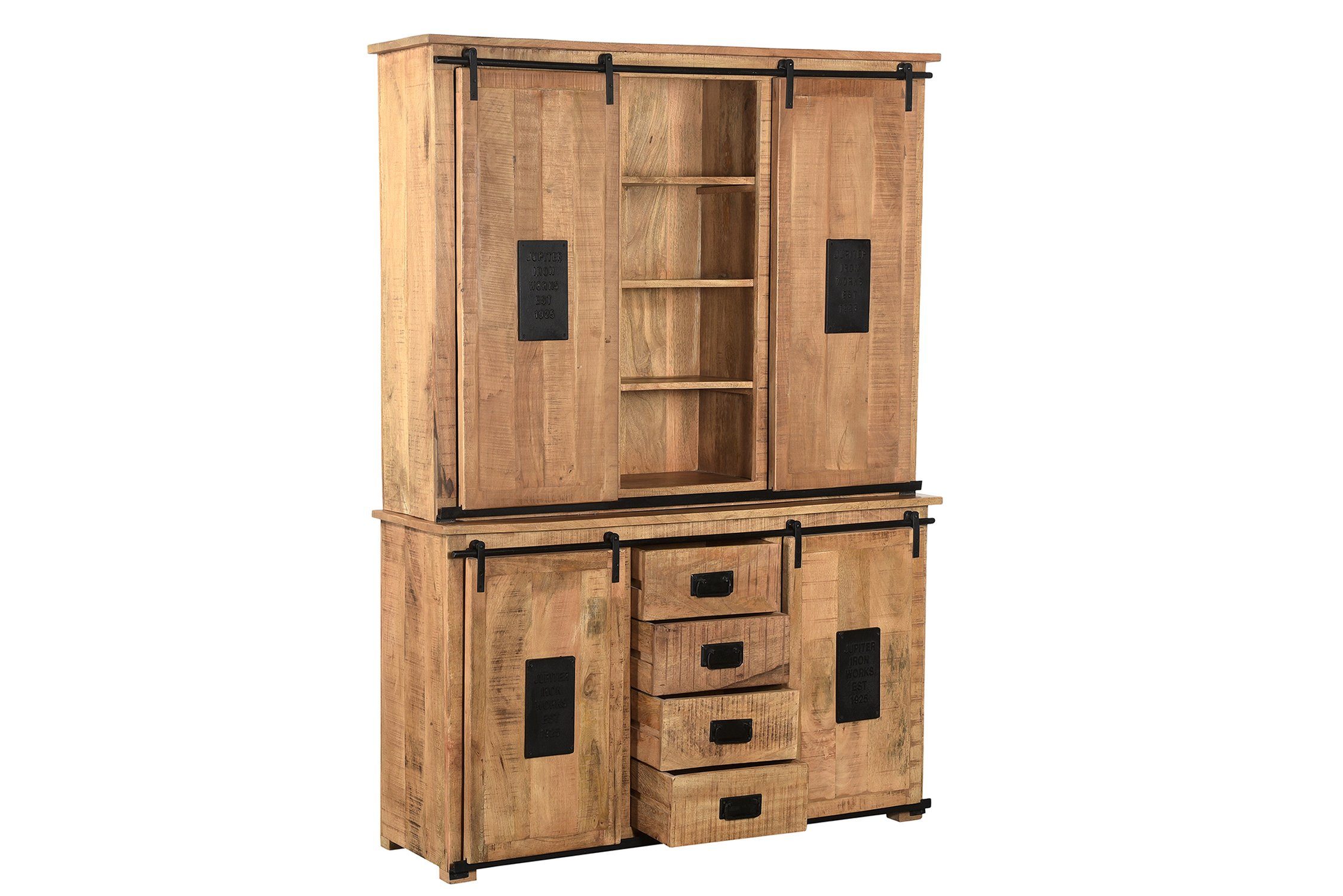 (Buffet-Aufsatz Mangoholz, 150 Mit natürlichem 34 cm, Buffet Tiefe: Lexington Schrankaufsatz Beschlägen, antikschwarzen cm Höhe: cm, Buffetschrank), 106 TPFLiving - - aus gefertigt Breite: Nebraska - rustikalen, Produktlinie: Schrankaufsatz -