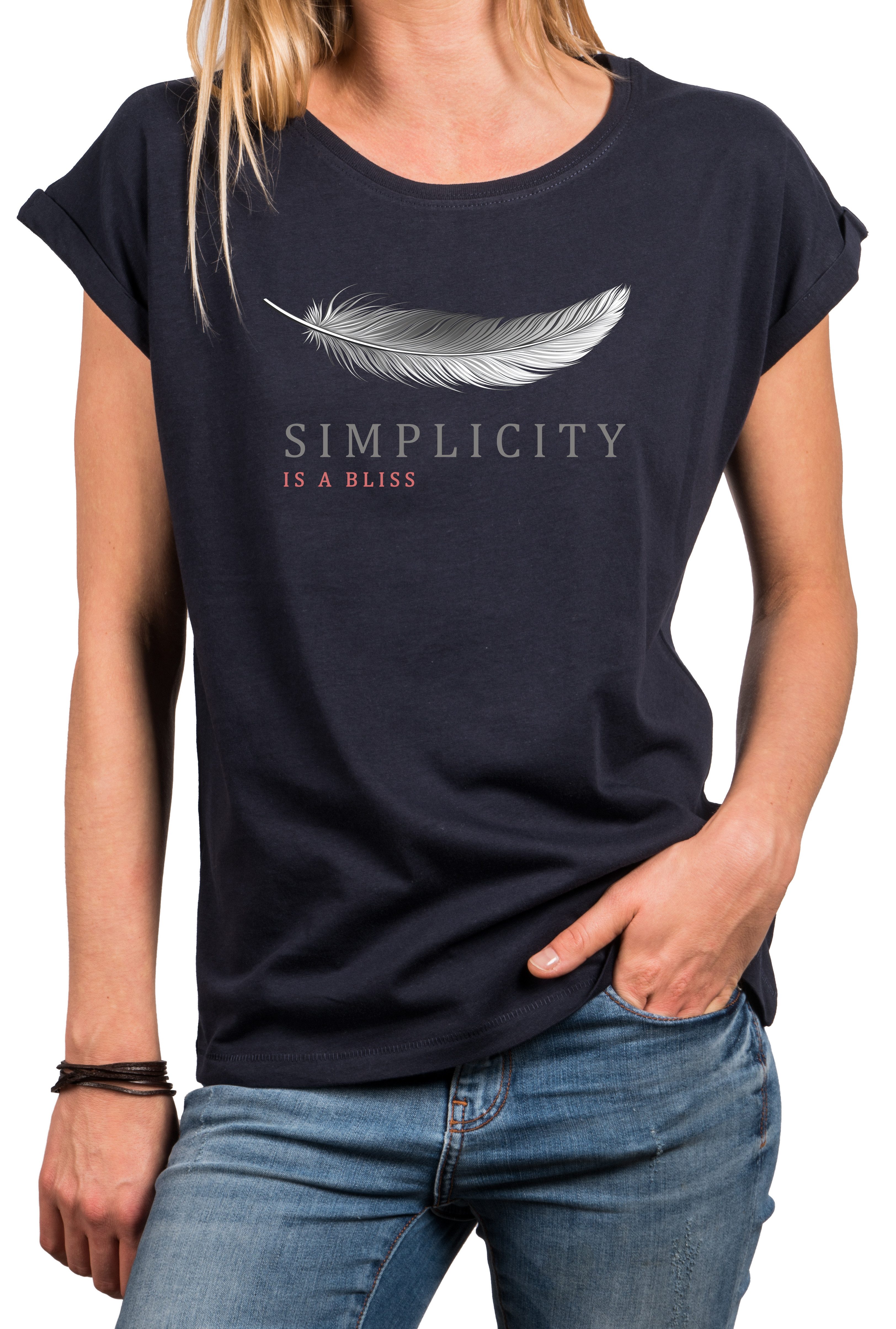MAKAYA T-Shirt Minimalistisches Damen-Top mit Feder – Yoga & Zen Motiv (Schwarz, Blau, 34, 36, 38, 40, 42, 44, 46, 48, 50) Baumwolle