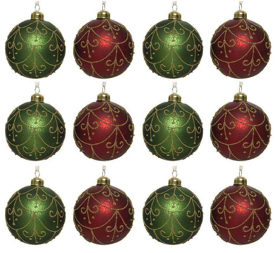Decoris season decorations Weihnachtsbaumkugel, Weihnachtskugeln Glas 8cm  Ornamente 12er Set rot / grün / gold