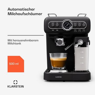 Klarstein Kaffeevollautomat Siebträgermaschine mit Milchaufschäumer, 1,2L Mini-Espressomaschine, mit Siebträger Edelstahl-Kaffeemaschine für Cappuccino Latte,Macchiato