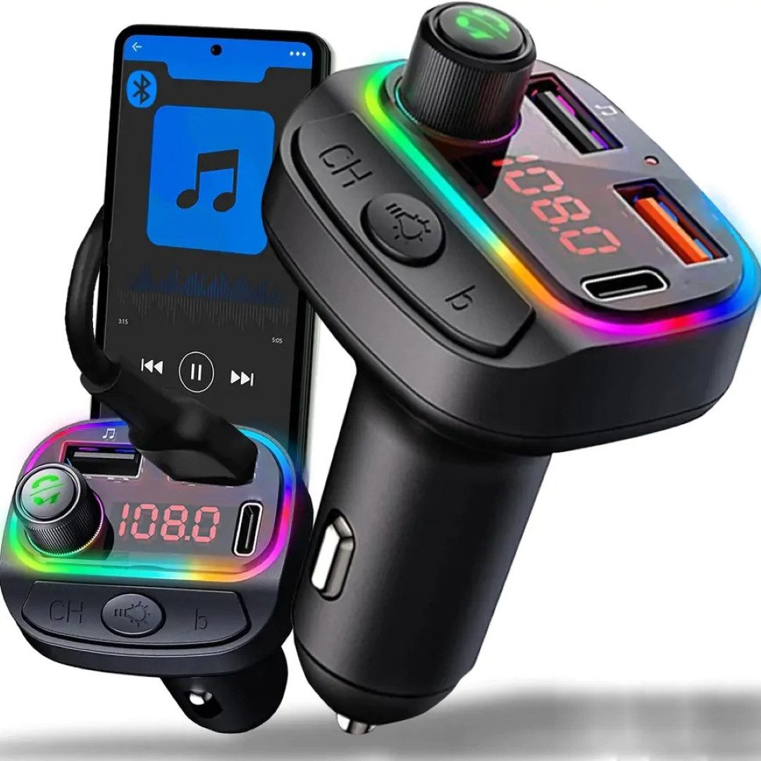 LA CUTE FM Transmitter Bluetooth 5.0 mit USB-C und RGB-Hintergrundbeleuchtung KFZ-Transmitter USB-A und USB-C zu Zigarettenanzünderstecker, Integriertes Mikrofon für Freisprechanrufe, RGB-Hintergrundbeleuchtung