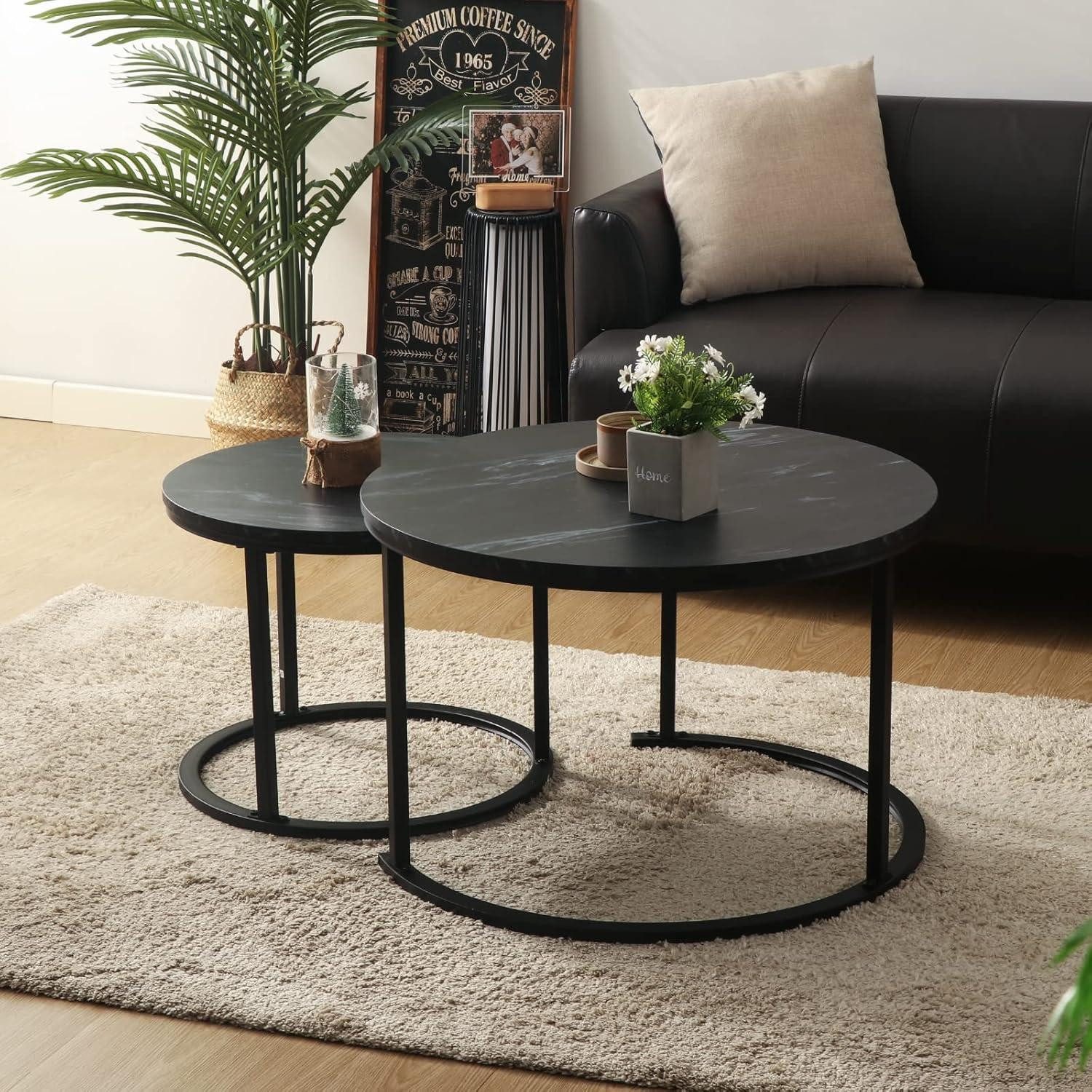 Couchtisch Couchtisch Rund Satztisch 2er Set Modern Holz Metallgestell Schwarz
