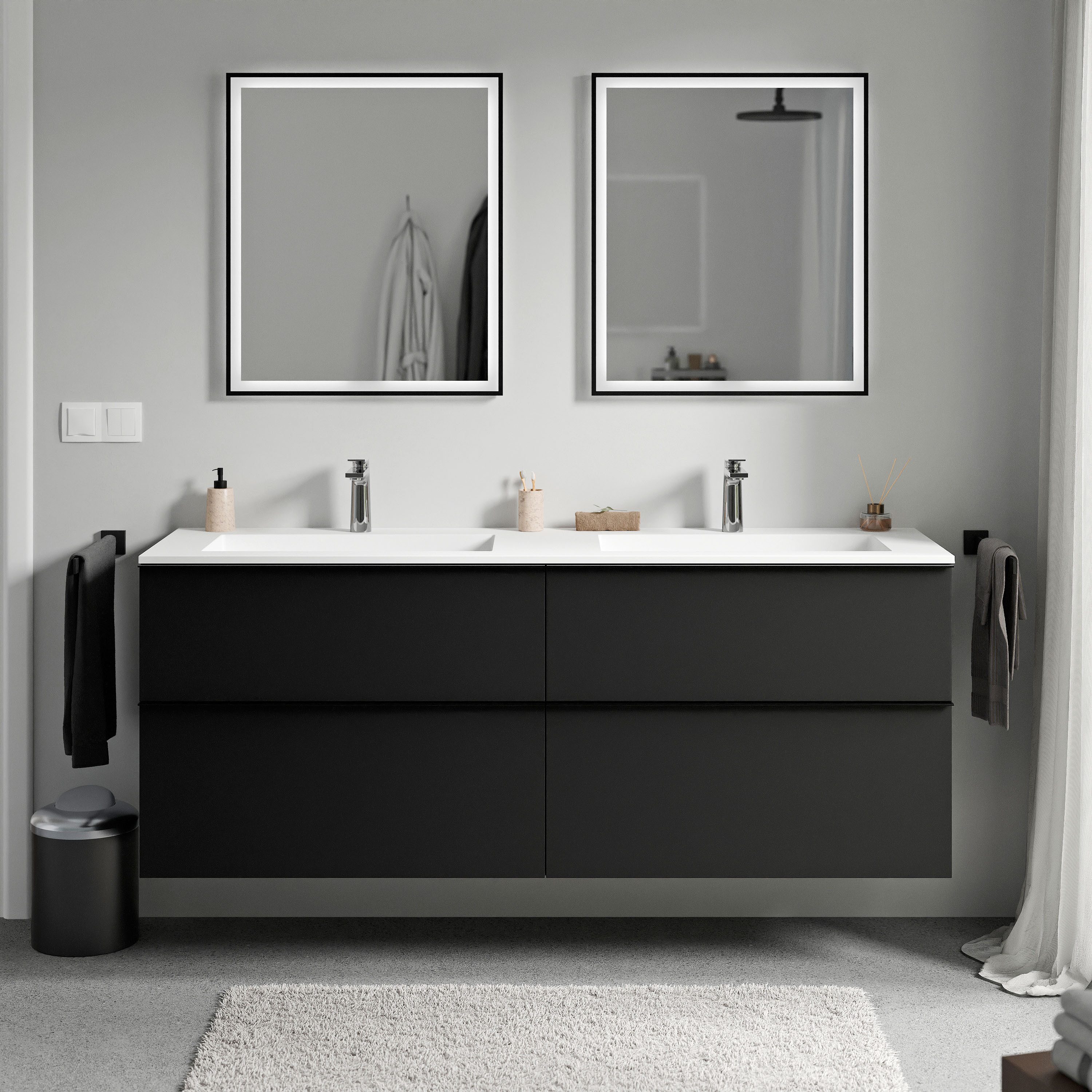 Bernstein Waschbeckenunterschrank LAVOA 160cm Schwarz matt BRUXELLES Weiß matt Waschtischunterschrank mit Doppelwaschbecken 4 Schubladen