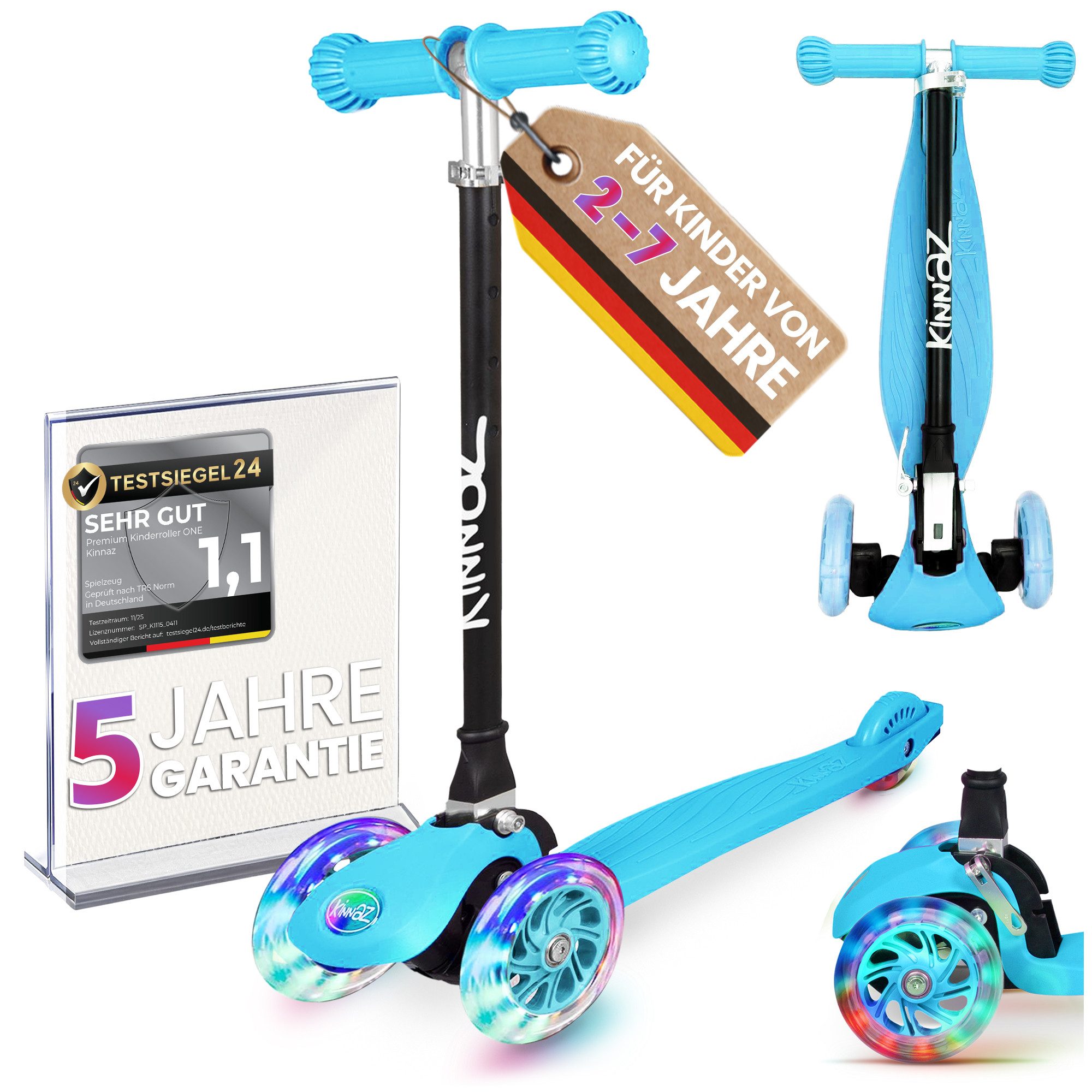 KINNAZ Dreiradscooter ab 2 Jahre LED, faltbar, Höhe flexibel, Kinderoller, Scooter, Roller, (Kinderroller, kinnaz ONE), Händler aus Hamburg