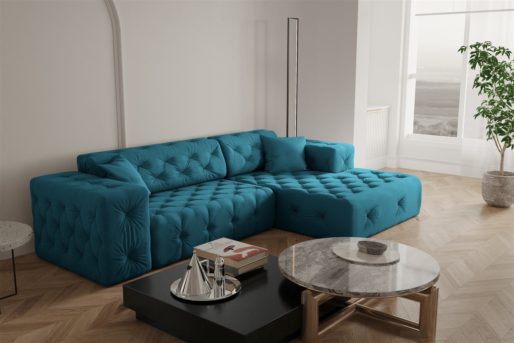 Fun Möbel Ecksofa Ecksofa Designersofa CHANTAL in Stoff Opera Velvet, mane Links oder Rechts, incl. 2 Zierkissen Ozeanblau | Ecksofas