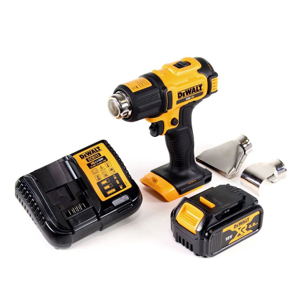 DeWalt Akku-Heißluftgebläse DCE 530 M1 Akku Heißluftpistole 18V 530°C + 1x Akku 4,0Ah + 1x Lader