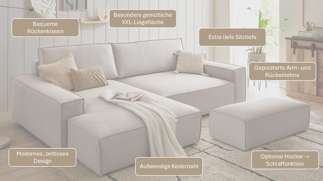 OTTO home Ecksofa SHERWOOD XXL Leinenoptik 284, Big-Sofa L-Form, tiefe Sitzfläche 95 cm, Recamiere rechts/links, als Schlafsofa stellbar, Cord u. Leinenoptik – Bild 3 von 5