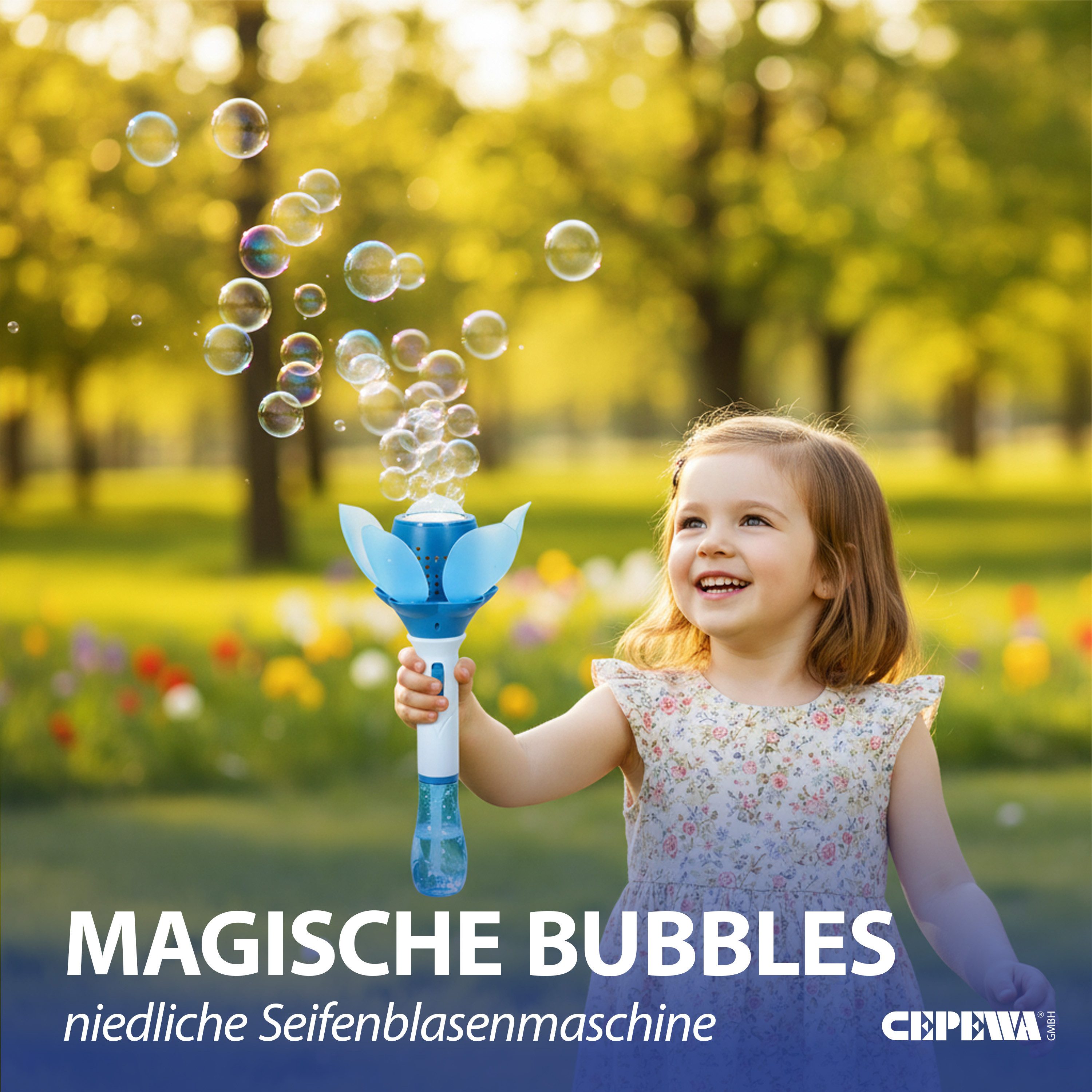 CEPEWA Seifenblasenstab Seifenblasen Lotusblume hellblau 10x33cm 115ml elektrisch Akku Kabel